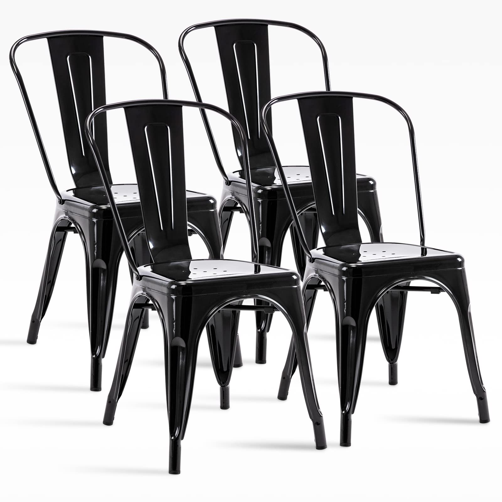 MFD Living 18 Inch Metal Dining Chair - Rustproof Stackable Indoor Outdoor Patio Chairs, Set of 4 Black - Perfect for Restaurant, Dining Room, Backyard, and Garden Seating