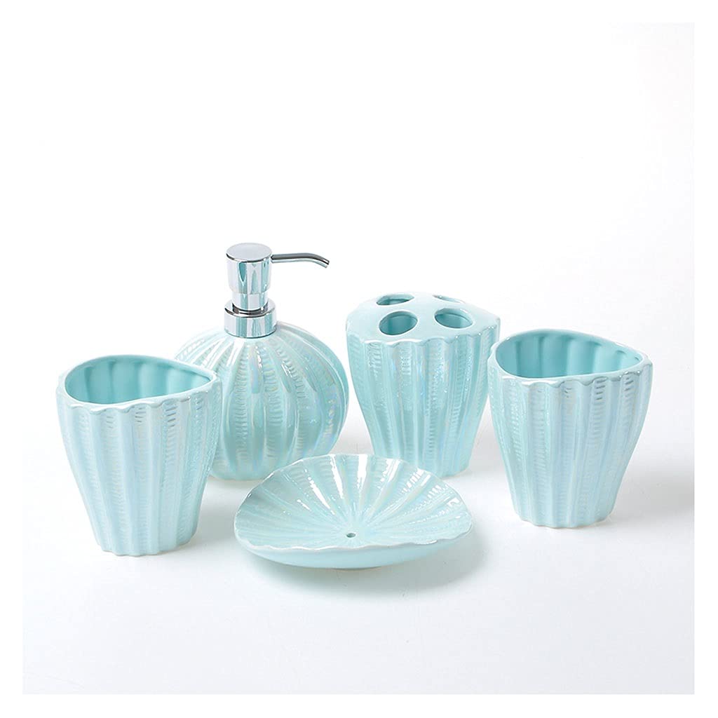 XIANGGUI 1983 5-Piece Ceramic Bathroom Set - Soap Dispenser, Toothbrush Holder, Soap Dish & Mouthwash Cups - Pearl Shell Design Bath Decor (Blue) | Perfect for Modern Bathrooms, Guest Suites & Spa-Style Decor