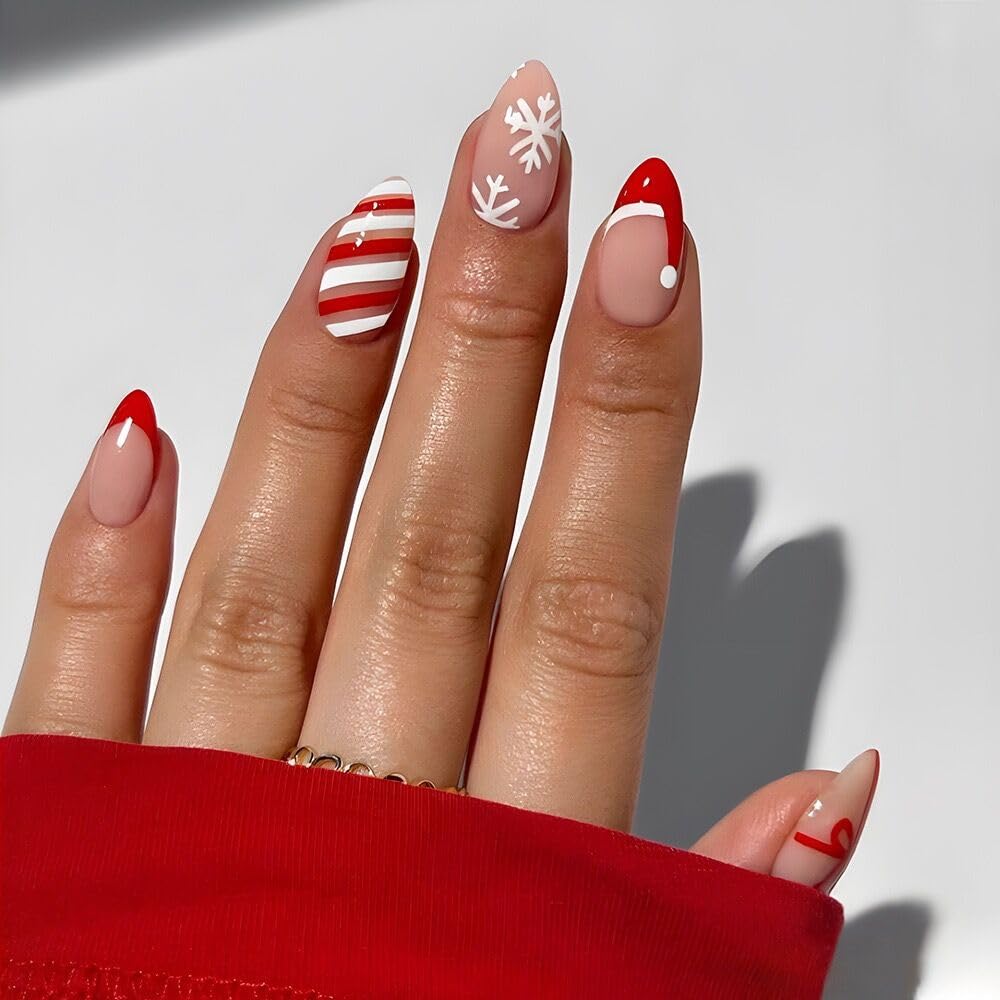 24Pcs Christmas Press on Nails - Almond Shape Fake Nails with Red Christmas Hat & French Tip Designs | Acrylic Glue on Nails | Glossy Full Cover Snowflake Bow Stick on Nails for Women | Perfect for Holiday Parties, Gift Giving & Festive Nail Art