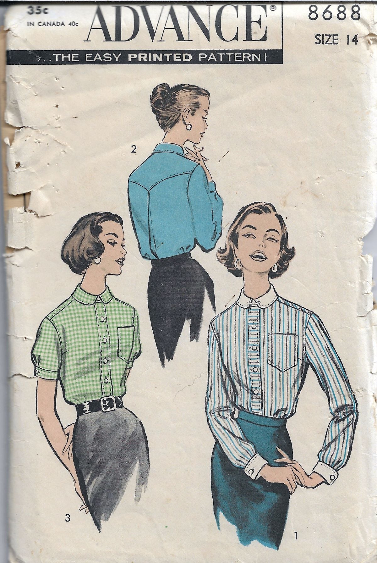 Vintage 1950s Front Button Blouse Sewing Pattern - Advance 8688 Rare Retro Dressmaking Design for DIY Fashion & Historical Costume Reenactment