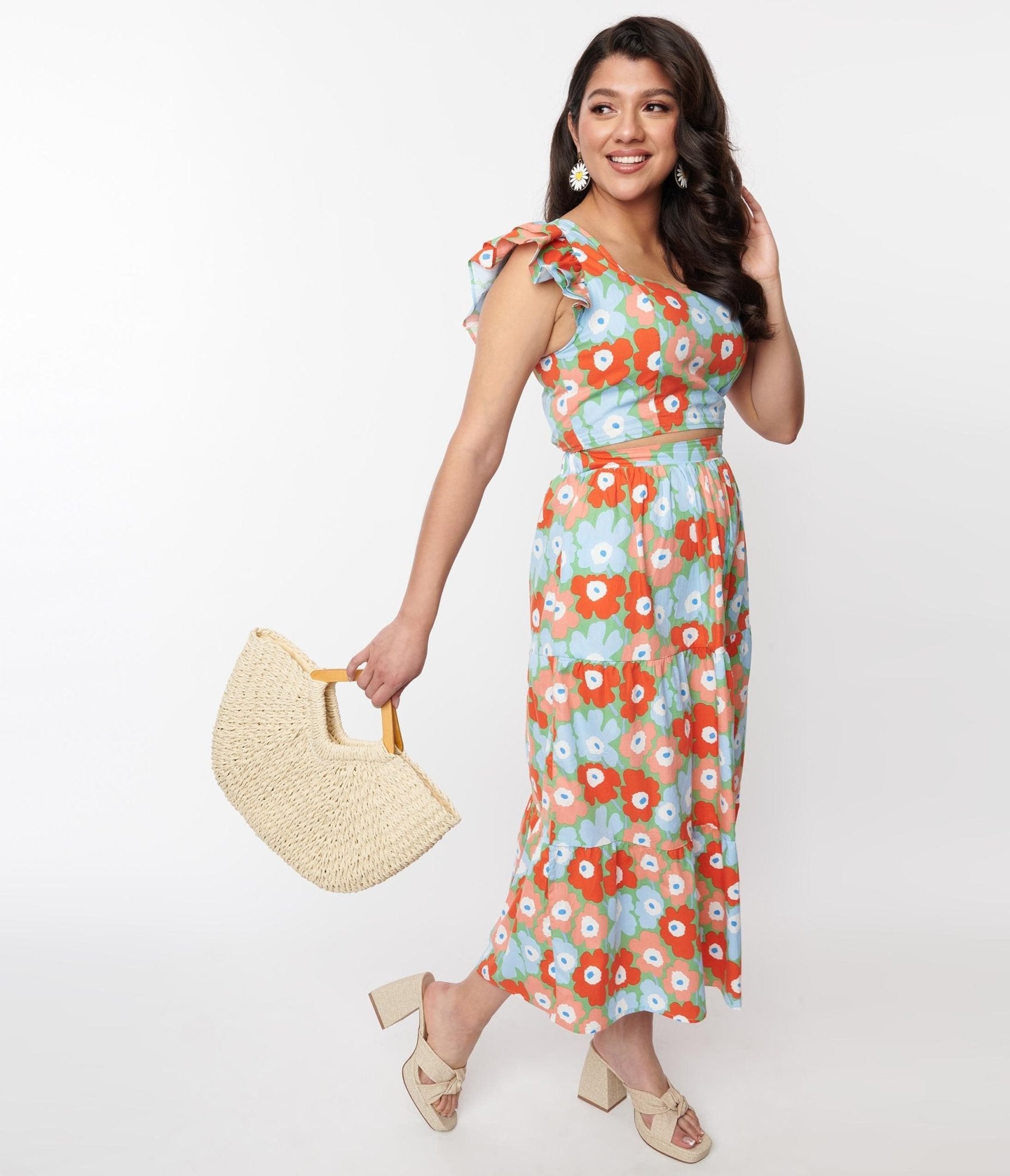 Light Blue & Red Floral Tiered Midi Skirt - Women's Summer Boho Skirt with Elastic Waist | Perfect for Beach Vacations, Music Festivals & Casual Outings