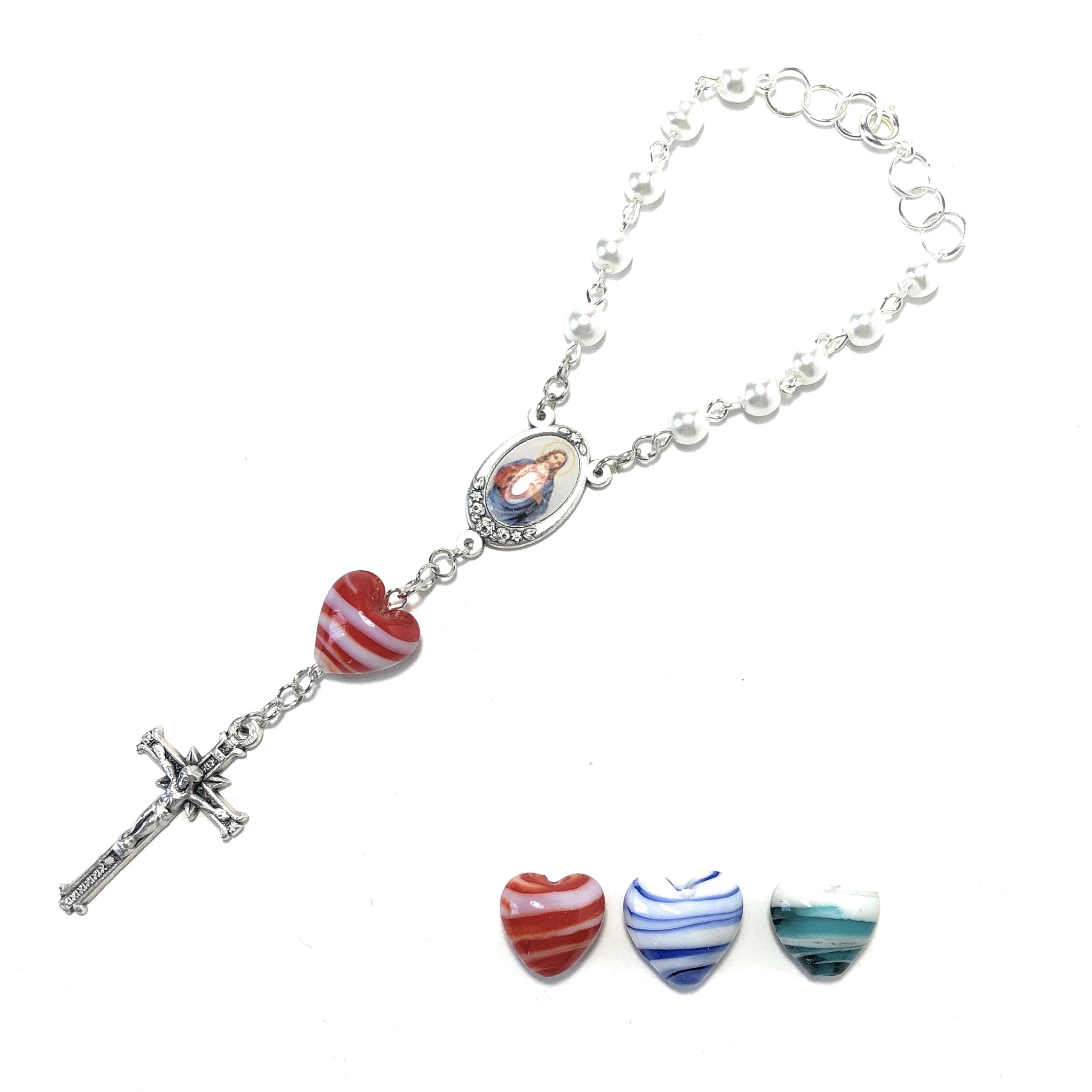 Sacred Heart of Jesus 1-Decade Rearview Mirror Car Rosary - White & Striped Red/Blue/Teal Heart Beads | Catholic Prayer Beads for Safe Driving & Spiritual Protection | Perfect for Commuting, Road Trips & Daily Devotion