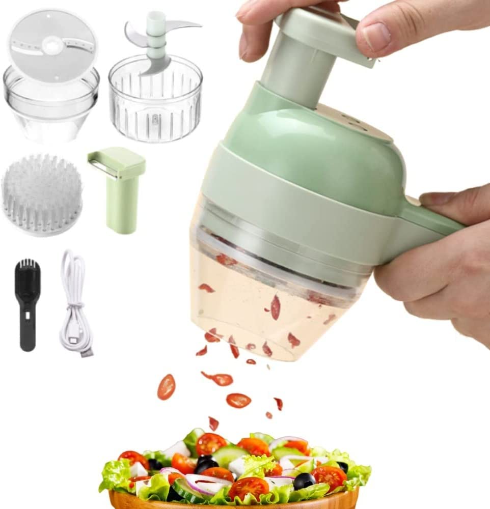 Wireless Electric Vegetable Chopper Set - 4-in-1 Portable Handheld Garlic Press & Food Processor - Kitchen Gadget for Chopping Garlic, Onion, Pepper, Chili, Celery - Perfect for Meal Prep, Cooking & Home Use