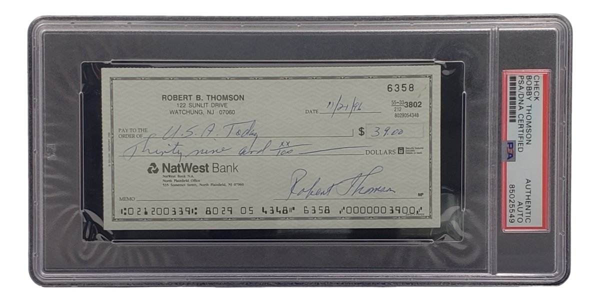 Bobby Thomson New York Giants Autographed Bank Check PSA/DNA Certified 85025549 - Perfect for Sports Memorabilia Collectors and Baseball Fans