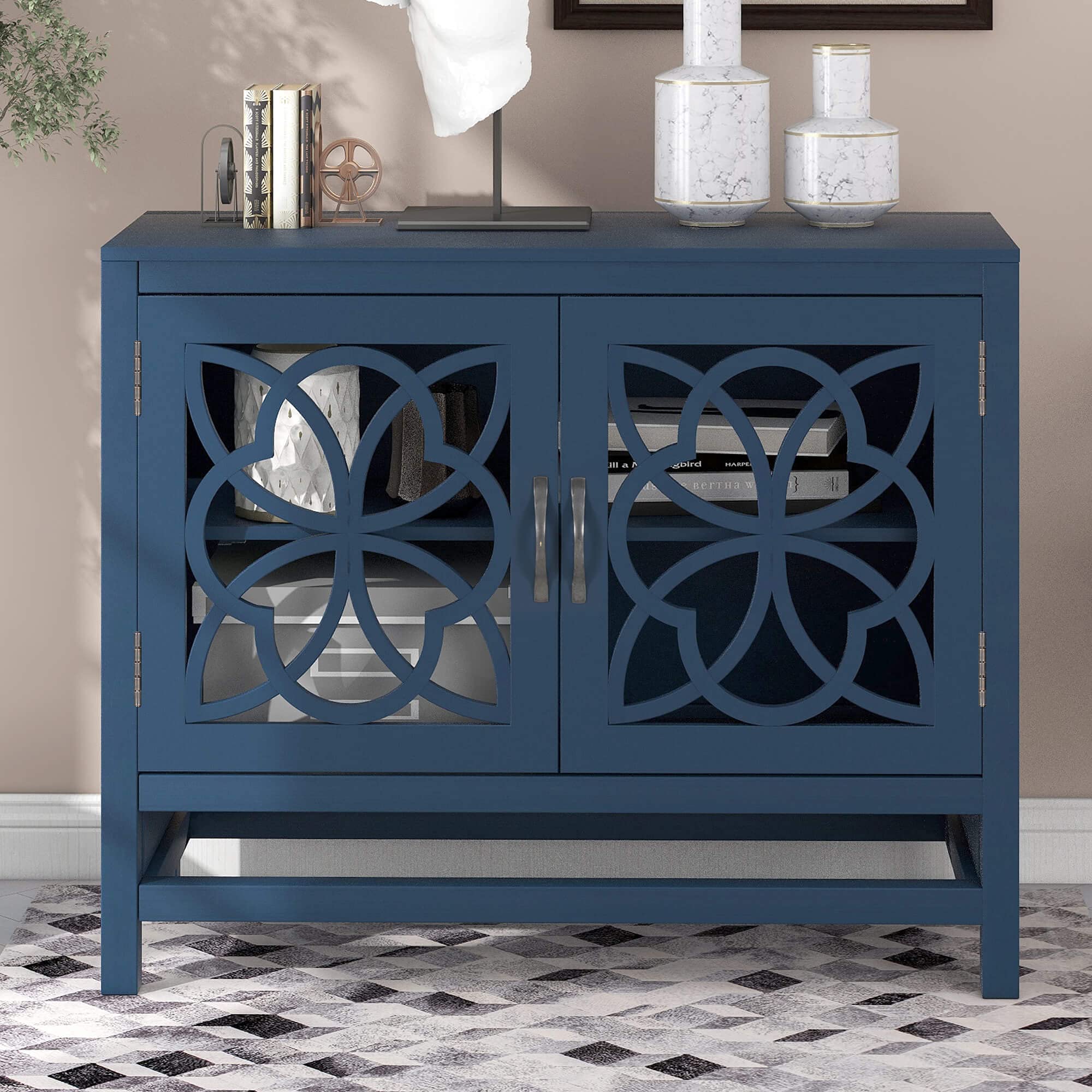 Modern Buffet Sideboard Storage Cabinet with Tempered Glass Doors & Adjustable Shelf - Navy Blue Wood Accent Console Cupboard for Dining Room, Living Room, Entryway Storage and Display
