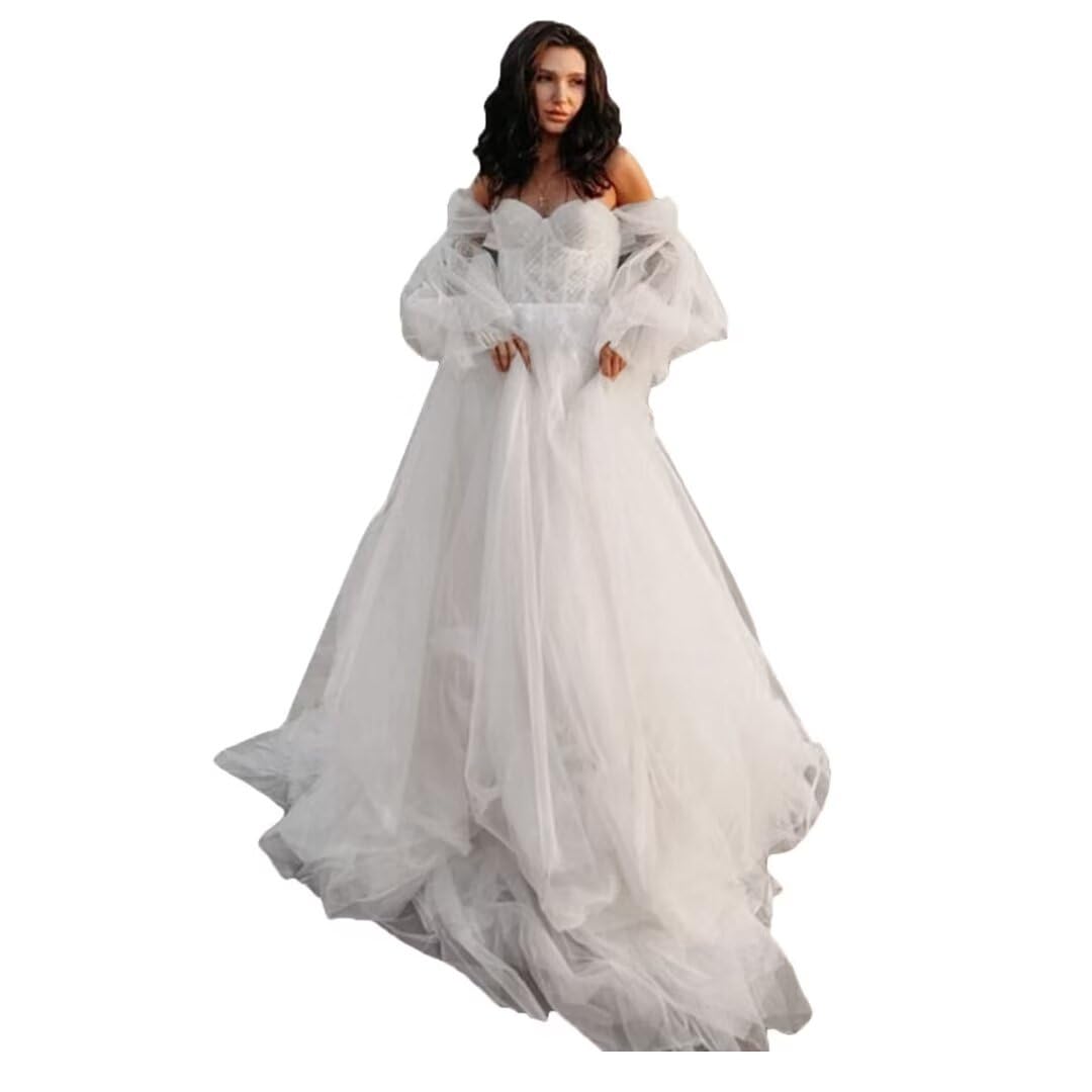 XYAYE Off The Shoulder Long Sleeve Lace Wedding Dress with Train - Elegant Tulle Bridal Gown for Bride | Perfect for Church Ceremony, Beach Wedding & Romantic Photoshoots