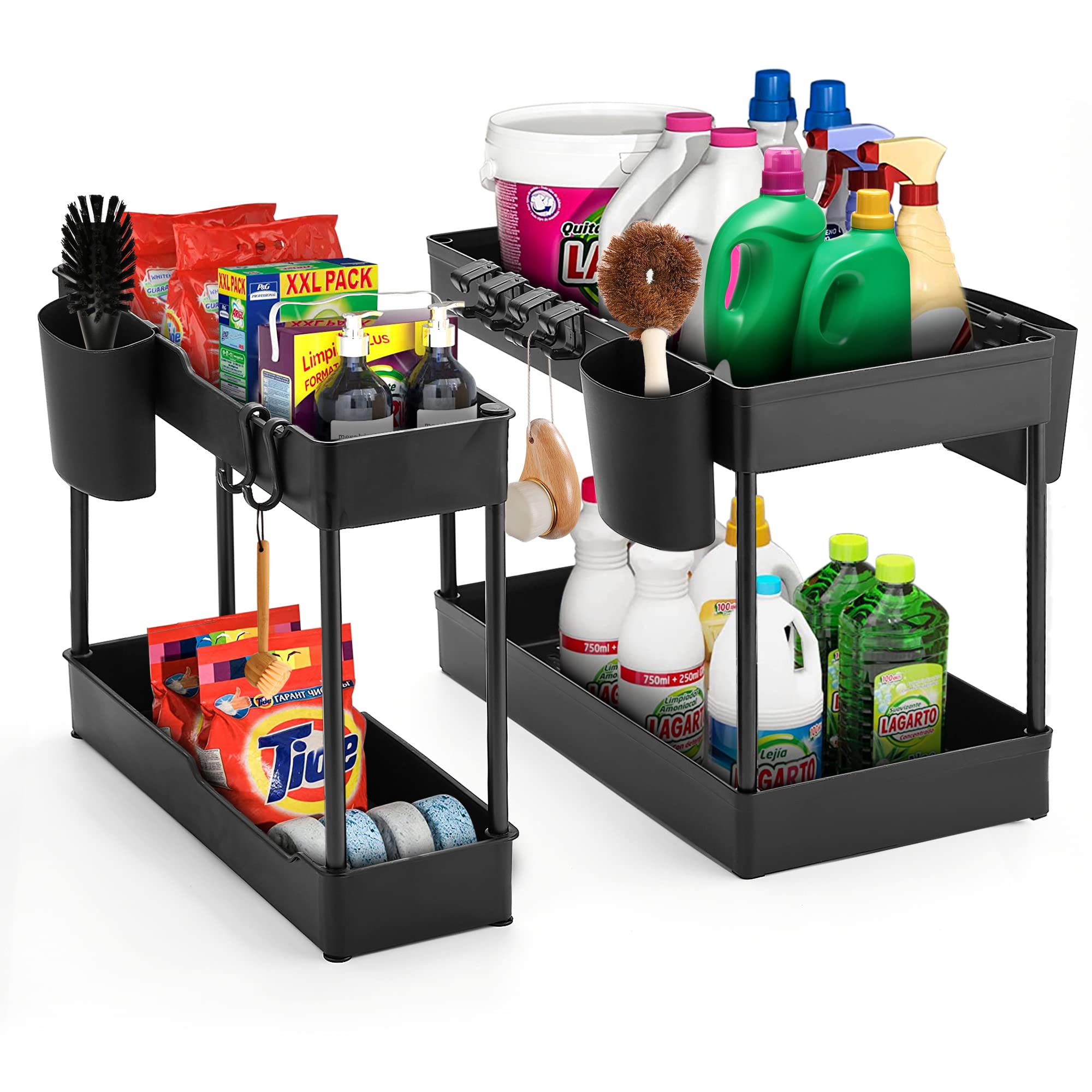 Ravinte 2-Pack Under Sink Organizer Set - 2-Size 2-Tier Kitchen & Bathroom Storage Shelf with Hooks, Multi-Purpose Space Saver, Black | Perfect for Organizing Cleaning Supplies, Cosmetics & Kitchen Essentials Under Sink