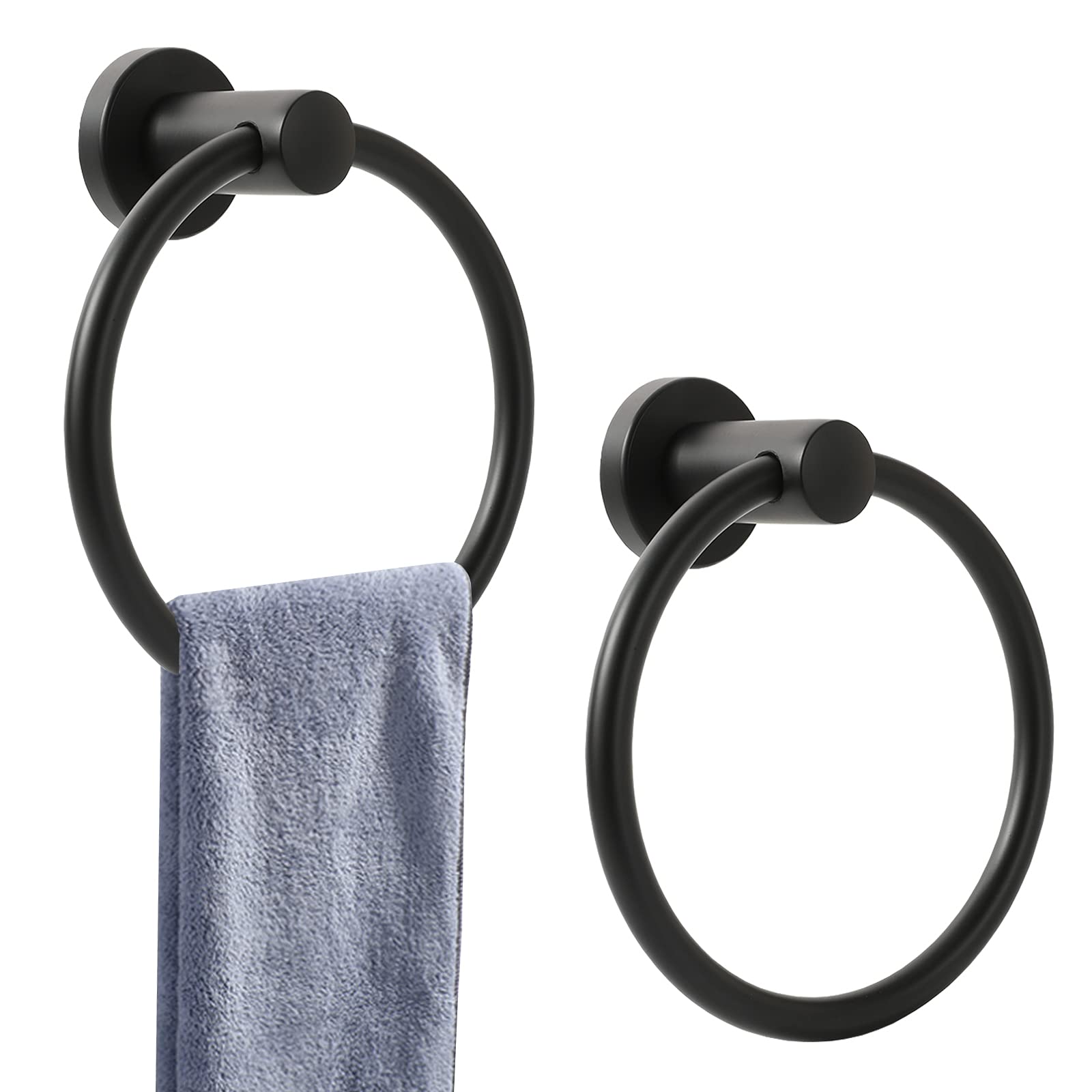 Premium Matte Black Towel Ring - 2 Pack SUS 304 Stainless Steel Bathroom Towel Holder with Wall Mount Hardware (Drill Required) - Durable Round Hand & Bath Towel Hanger for Modern Bathroom Decor