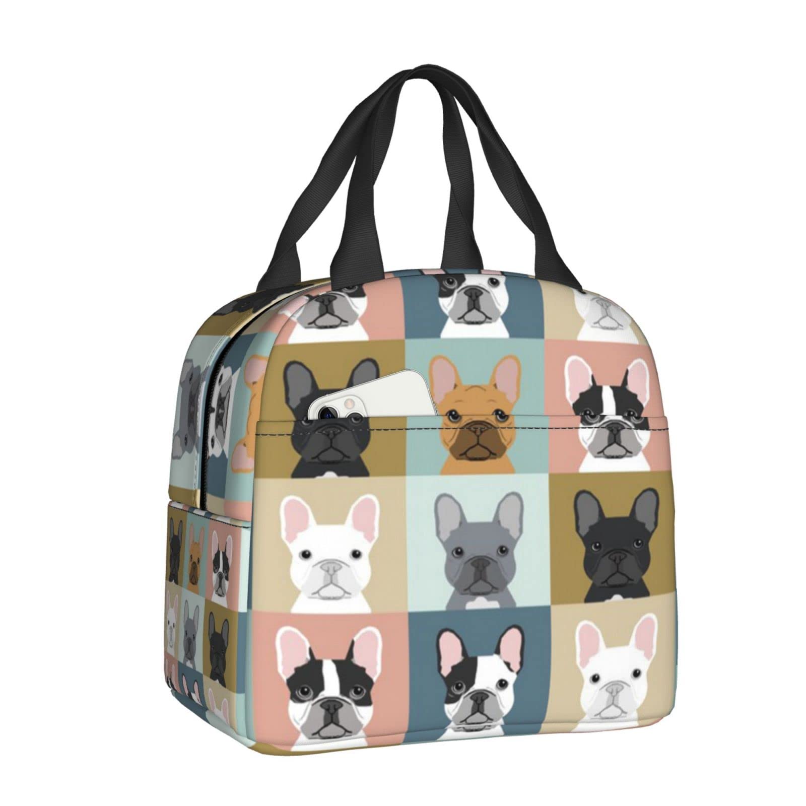 Insulated French Bulldog Lunch Bag for Women - Cute Kawaii Reusable Cooler Tote with Front Pocket | Perfect for Work, Office, School, Picnic, Hiking & Outdoor Activities