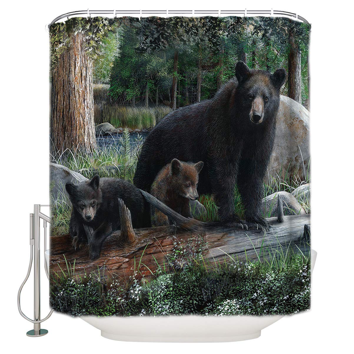 Vandarllin Rustic Black Bear Forest Cubs Animal Print Shower Curtain Set - 36 x 72 Inch Bathroom Decor with Hooks - Perfect for Kids' Bathroom, Cabin, or Nature-Themed Home Decor