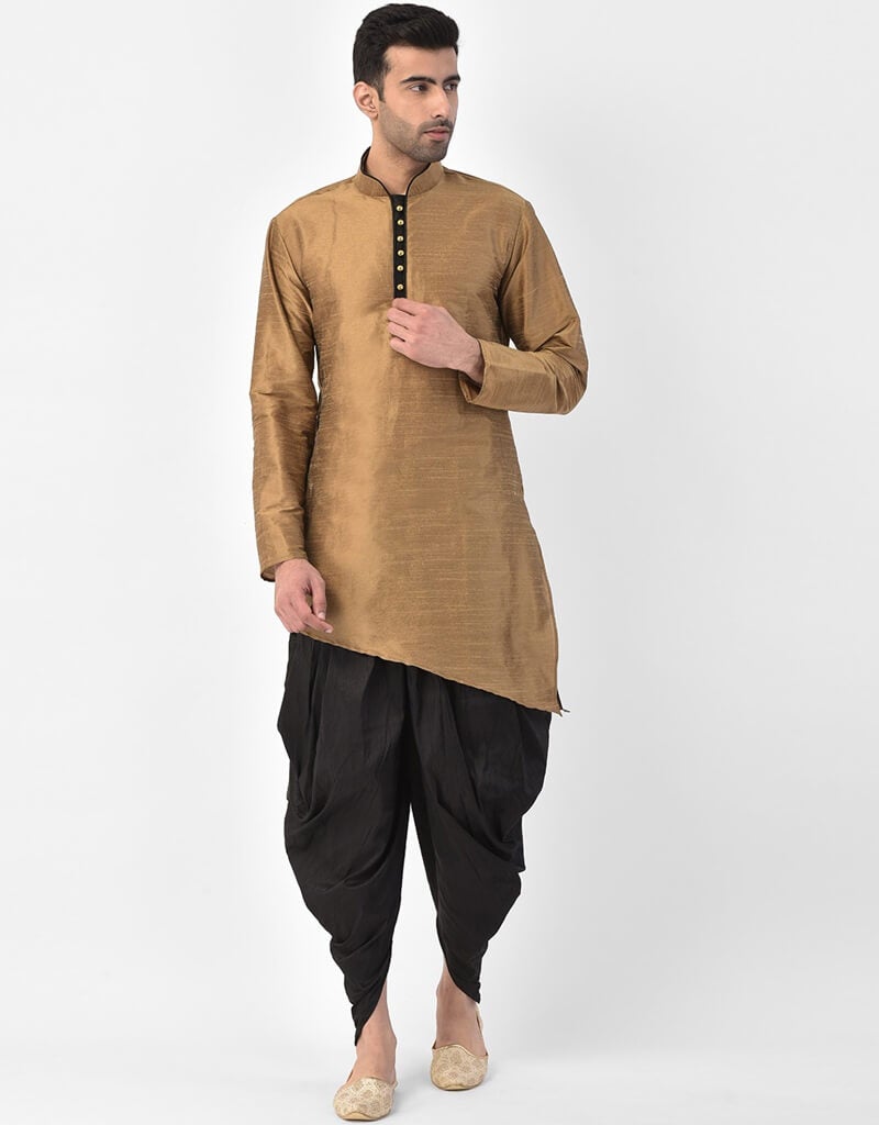 Elegant Copper Gold Kurta Dupion Silk Dhoti Set for Men - Traditional Indian Ethnic Wear for Weddings, Festivals & Special Occasions
