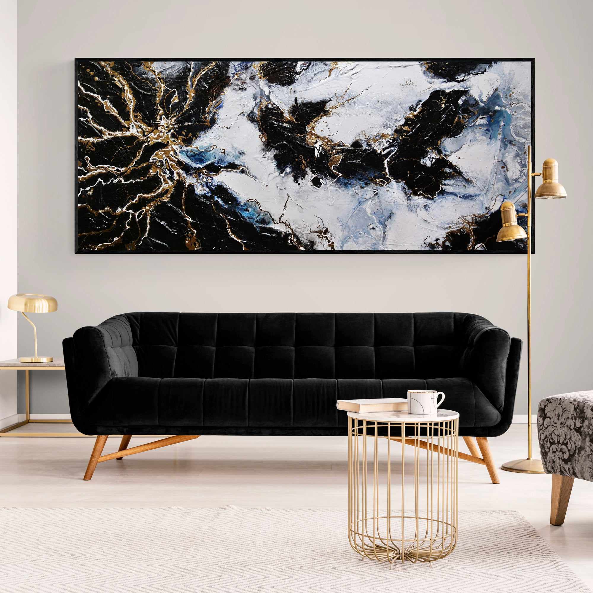 Golden Rapture 240x100cm Black White Gold Textured Abstract Canvas Art - Modern Wall Decor for Living Room, Bedroom & Office