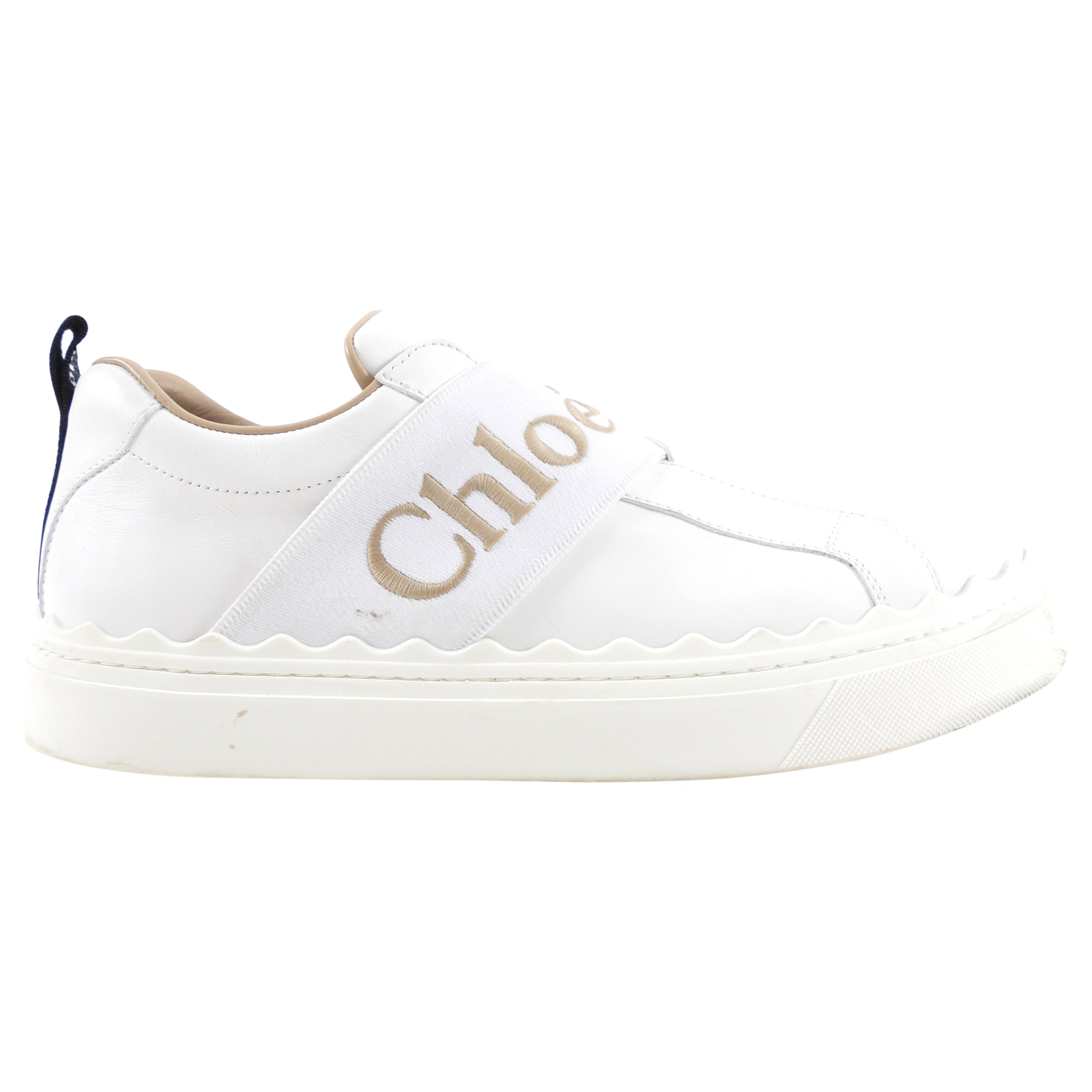 Chloe White Leather Lauren Logo Strap Sneakers Women's Size 40 / US 9 - Stylish Casual Shoes for Everyday Wear & Fashion Outfits