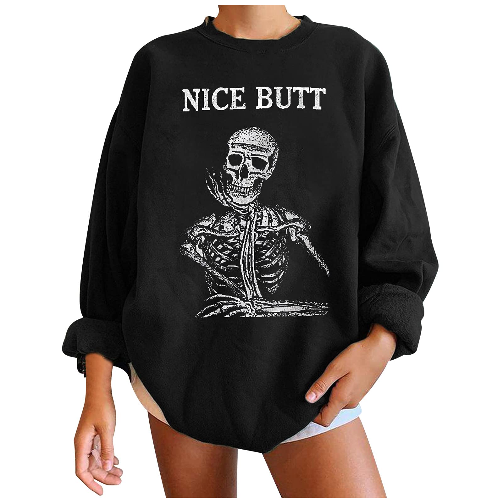 Miximx Women's Halloween Crewneck T-Shirt - Rose Skull Print Long Sleeve Loose Fit Basic Top for Autumn & Fall Fashion | Perfect for Halloween Parties, Casual Outfits, and Seasonal Layering