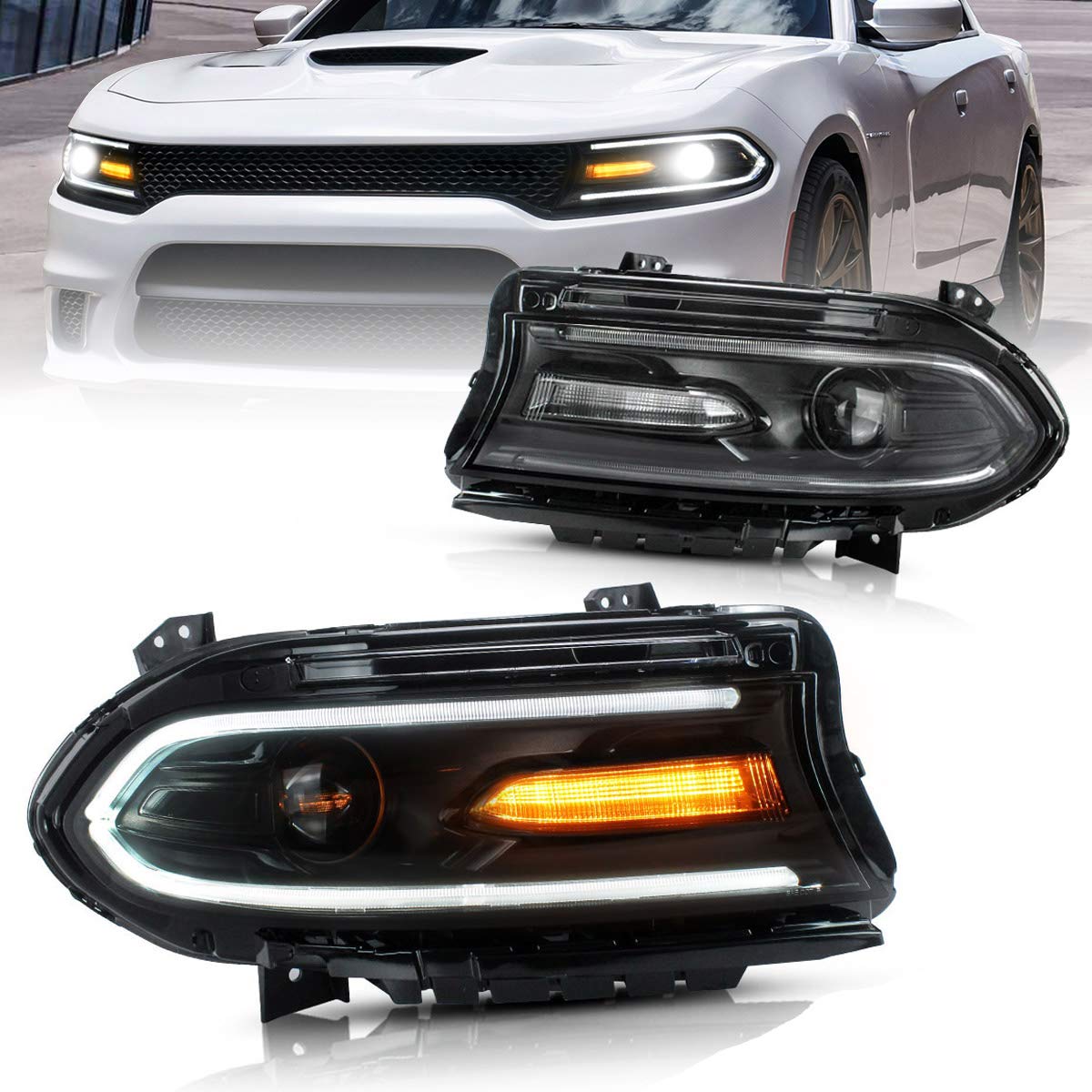 VLAND LED Projector Headlights for Dodge Charger 2015-2023 - Dual Beam Lens, LHD Compatible (Passenger & Driver Side), 9005 Bulb Size (Bulbs Not Included) - Upgrade Your Night Driving Visibility & Style