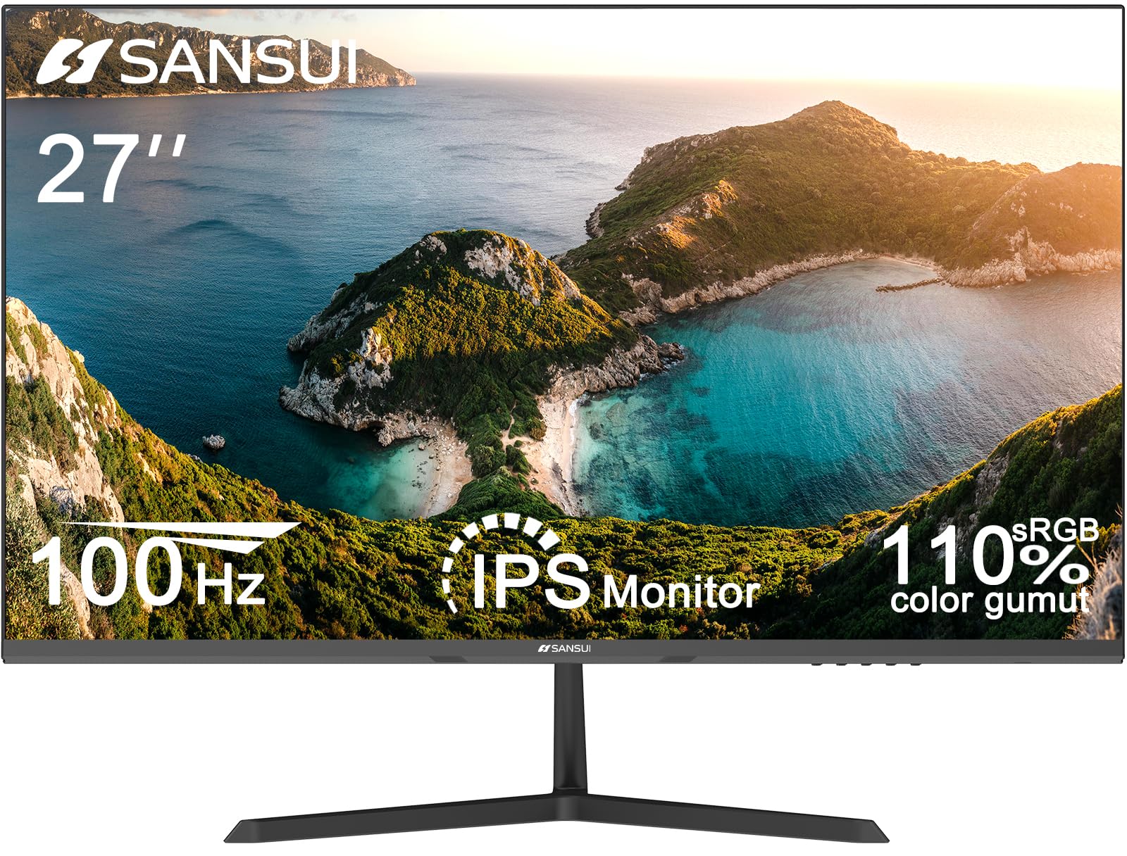 27 Inch SANSUI IPS Computer Monitor - 100Hz, FHD 1080P HDR, HDMI Ports, Adaptive Sync, Tilt Adjustable, Frameless Design, VESA Compatible for Home Office, Gaming & Productivity