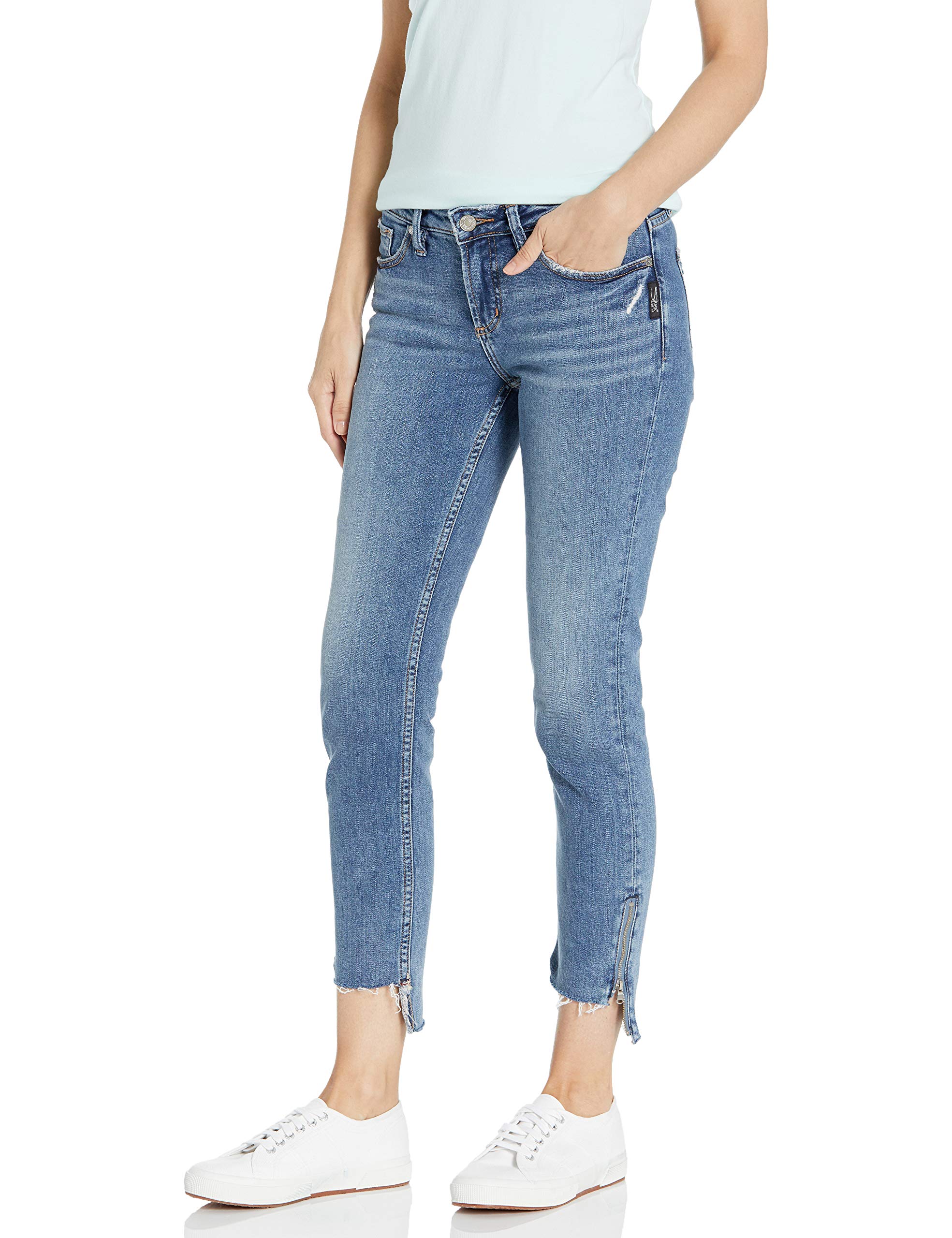 Silver Jeans Co. Women's Aiko Mid Rise Ankle Slim Jeans - Comfortable Stretch Denim Pants for Casual Wear & Everyday Outfits