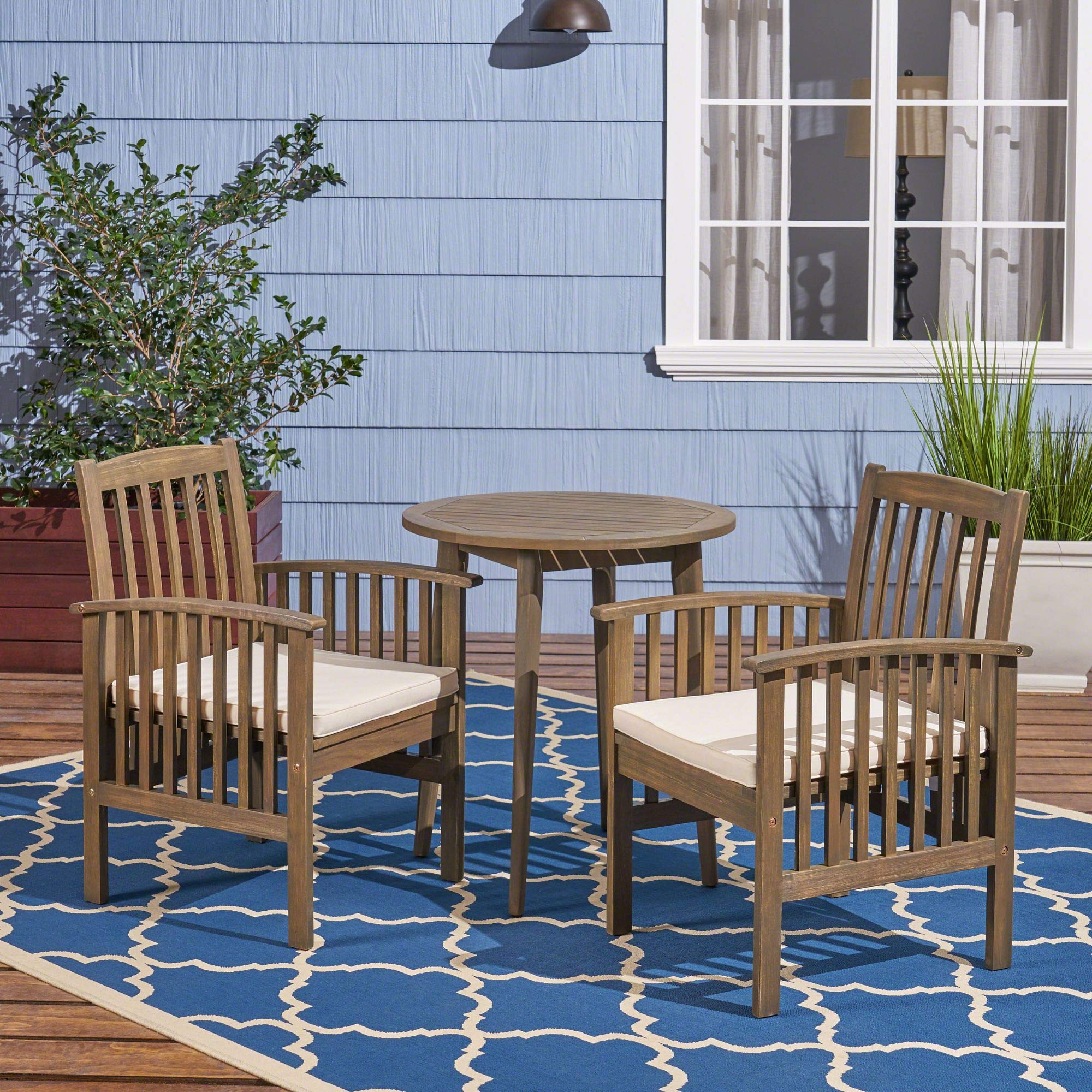Modern 3-Piece Gray Outdoor Patio Furniture Set with Cream White Cushions - Durable Bistro Dining Set for Garden, Balcony & Backyard Relaxation