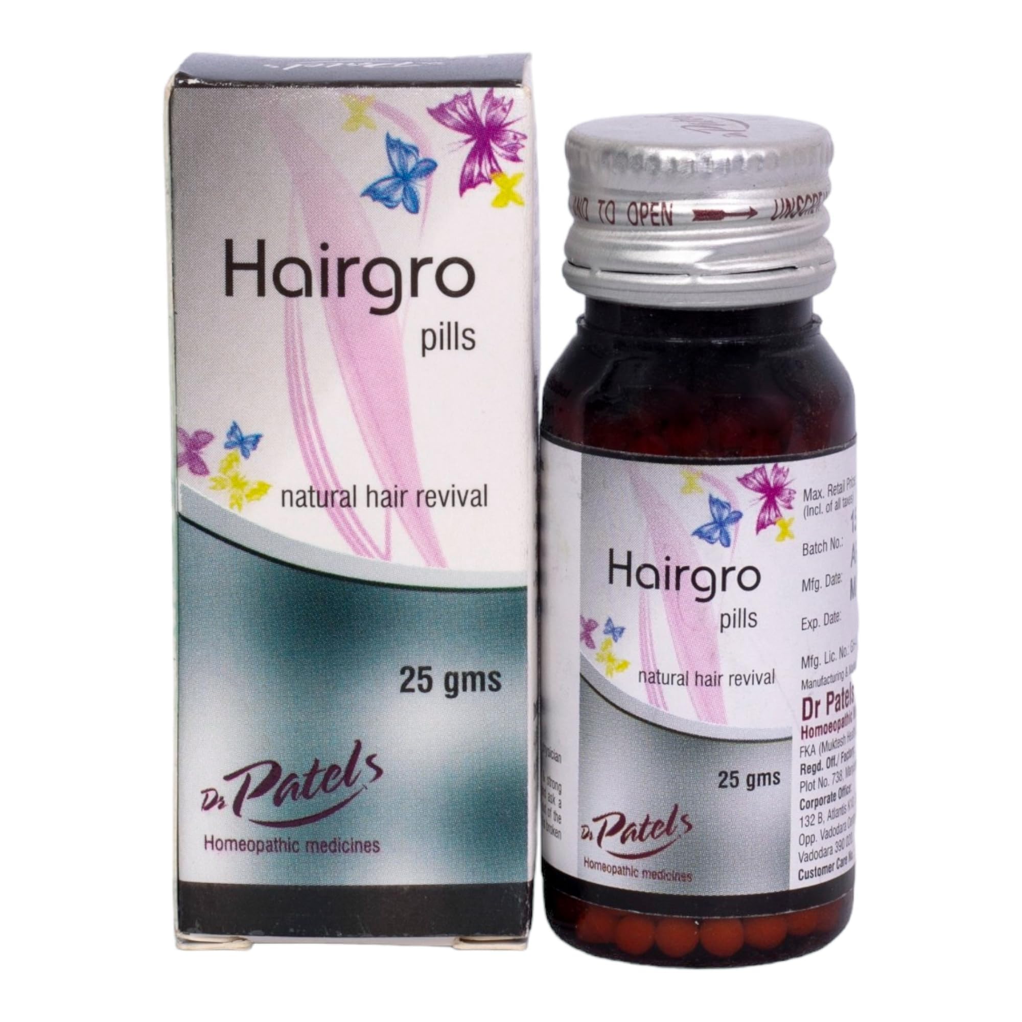 Dr. Patel's Homeopathic HairGro Pills - Natural Hair Growth Supplement for Thinning Hair, Split Ends & Premature Greying | Promotes Scalp Health & Reduces Hair Loss | 25g Bottle | Ideal for Men & Women Seeking Thicker, Healthier Hair at Home or On-The-Go