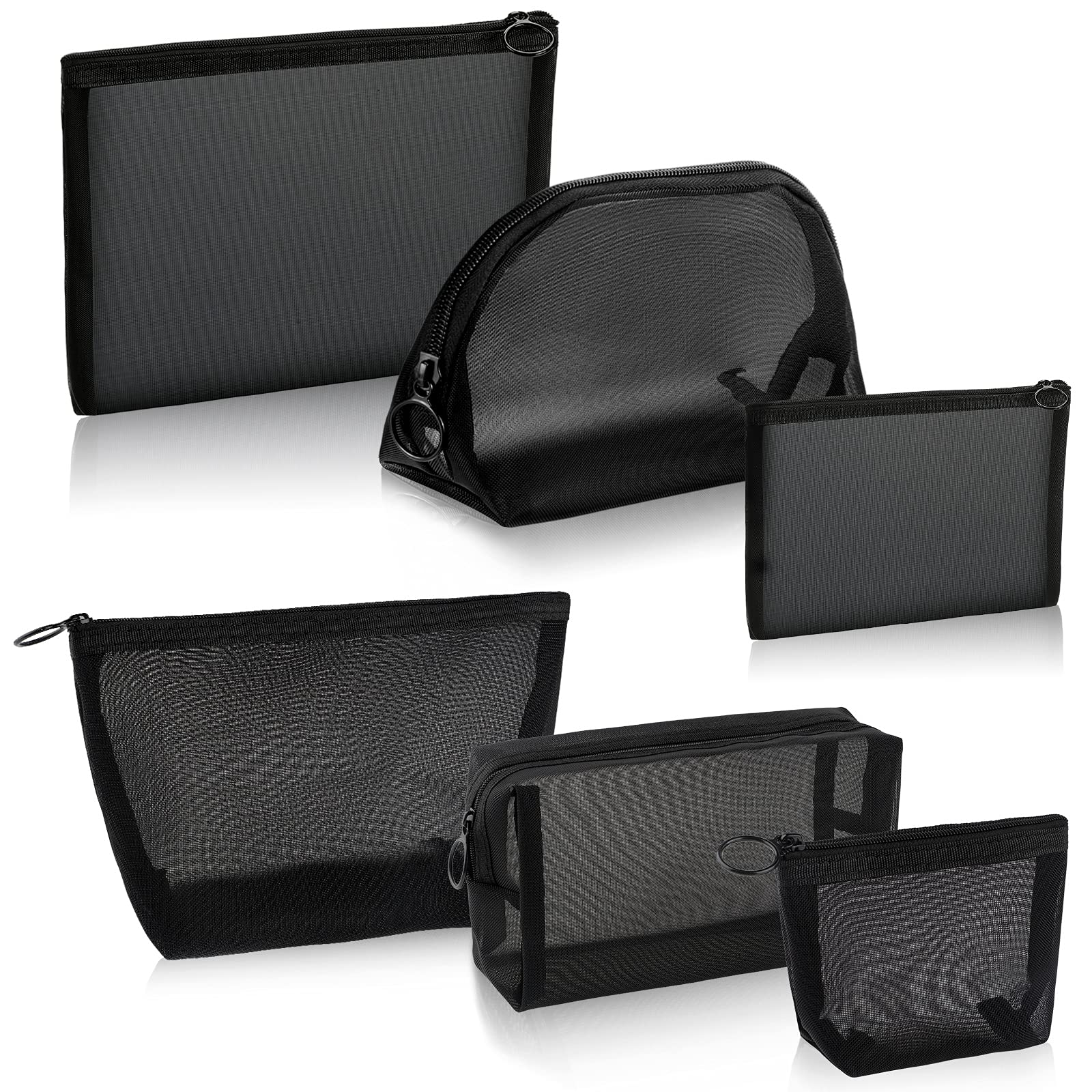 6-Piece Black Mesh Zipper Pouch Set - Breathable Travel Toiletry Bags for Cosmetics, Jewelry & Essentials - Perfect for Home, Office & Vacation Organization (Portable Storage Solution)