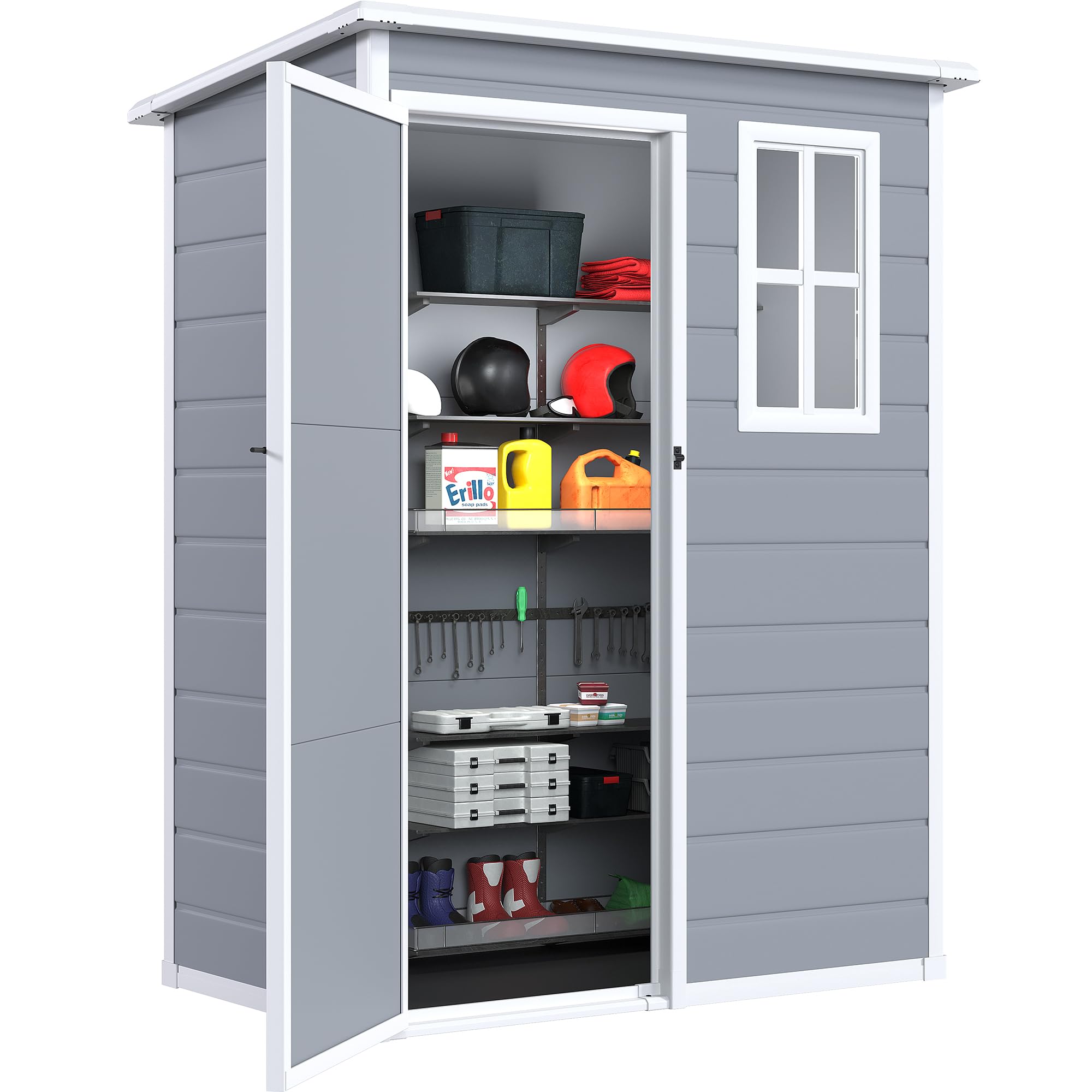 DWVO 5x3ft Waterproof Resin Outdoor Storage Shed with Floor & Lockable Door - Heavy Duty Plastic Garden Shed with Window for Backyard, Patio, Lawn Tool Organization (Gray) - Perfect for Storing Lawn Mowers, Gardening Tools & Outdoor Equipment