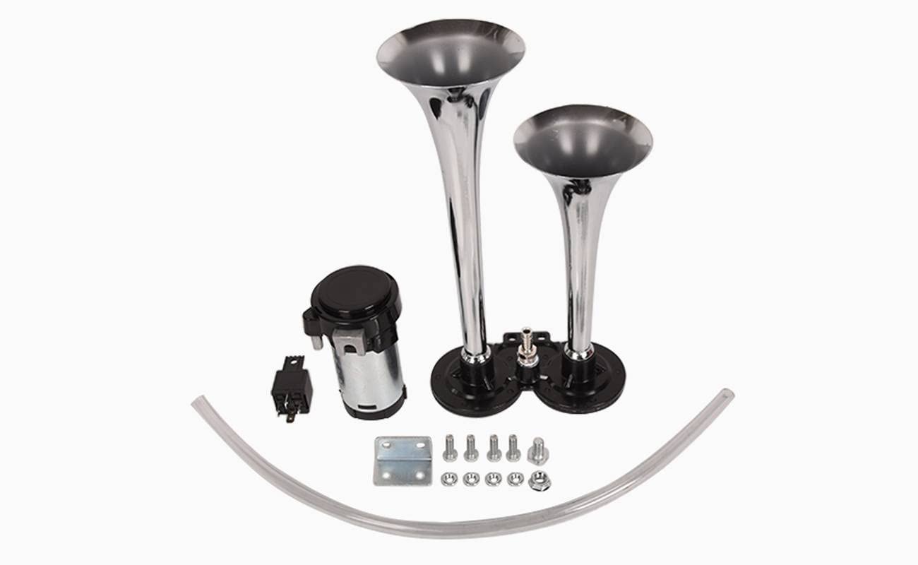 TOPAZ VXH2311C 12V Dual Trumpet Train Air Horn Kit - Loud Chrome & Black Car/Truck Horn System for Emergency Vehicles & Off-Road Use