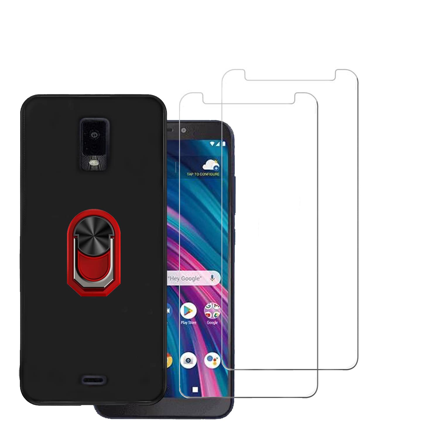 2 Pack Tempered Glass Screen Protector & Full Body Shockproof Case with Kickstand & 360 Ring Holder for BLU View 3 B140DL - Red | Durable Defender Phone Cover for Work, Travel & Outdoor Activities