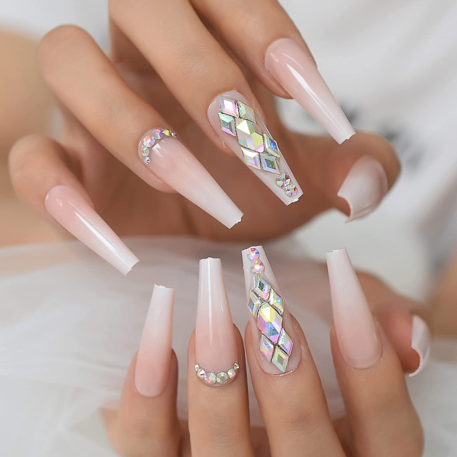 Extra Long Press On Fake Nails - Ombre 3D Bling Coffin Ballerina False Nails with Rhinestones | Perfect for Parties, Weddings & Special Occasions
