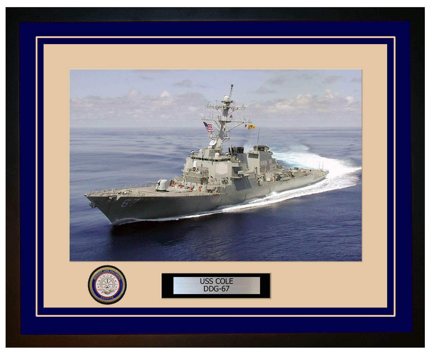 USS Cole DDG-67 Navy Ship Framed Photo - 8x10 Inch Blue Wooden Frame - Perfect for Military Home Decor, Office Display & Navy Veteran Gifts