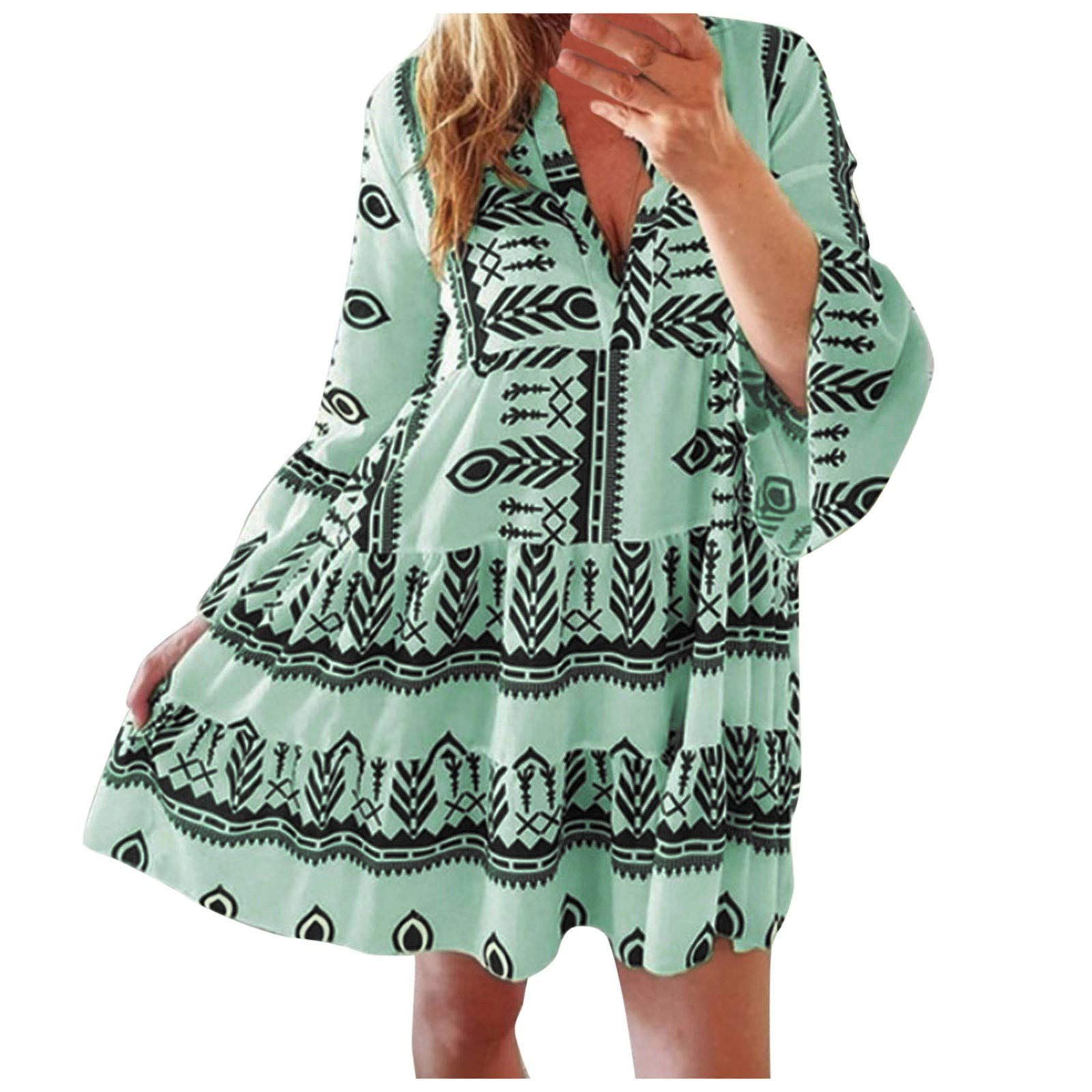 Bohemian Long Tiered Maxi Dress for Women - Aztec Print Plus Size Holiday Tunic Dress | Perfect for Beach Vacations, Music Festivals & Casual Outings