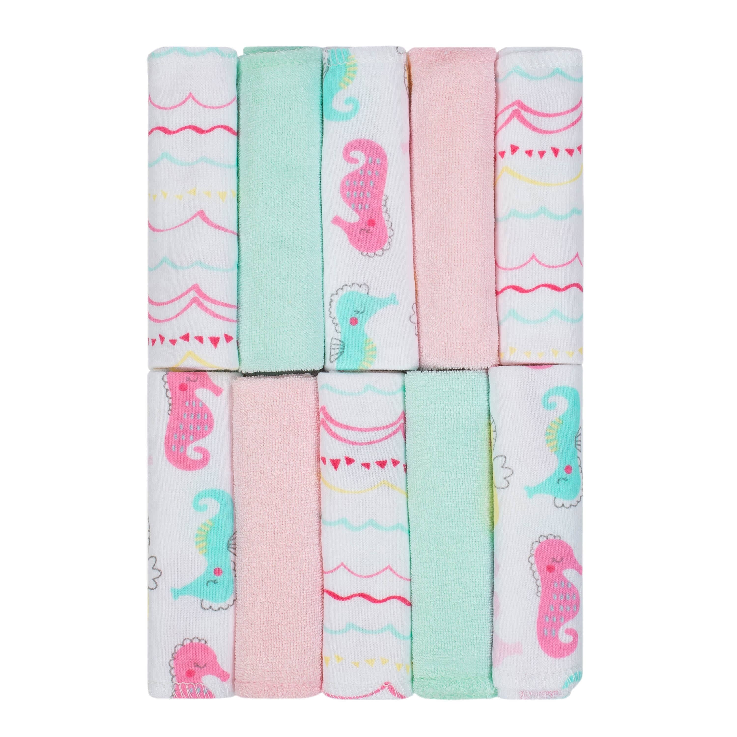 10 Pack Baby Girls Seahorses Knit Terry Washcloths - Soft & Absorbent Newborn Wash Cloths for Bath Time, Face Cleaning & Gentle Skin Care - Cute Seahorse Design Baby Shower Gift