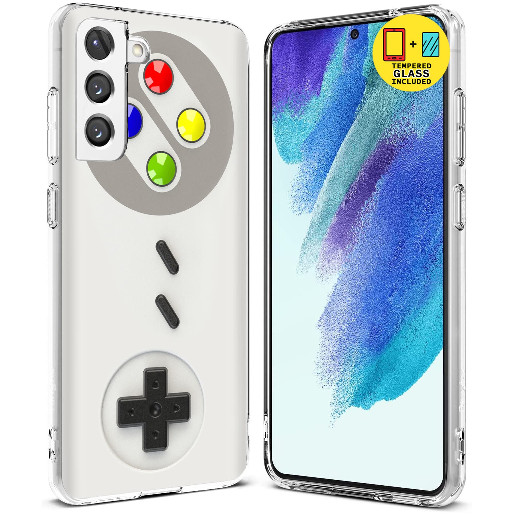 Slim Thin Gel TPU Case for Samsung Galaxy S21 FE 5G with Tempered Glass Screen Protector - Gameboy Print, Lightweight Flexible Anti-Scratch Phone Cover (Printed in USA) - Perfect for Gaming, Daily Use & Travel Protection