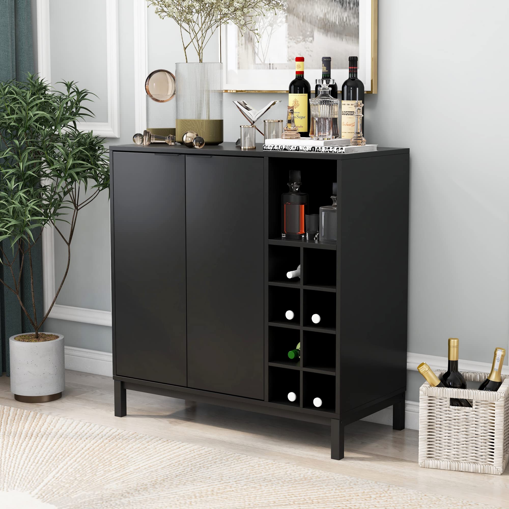 Tmosi 34 Inch Black Wine Bar Cabinet with Removable Wine Rack - Coffee Bar Cabinet, Buffet Sideboard Storage with Adjustable Shelves & Stemware Racks - Perfect for Kitchen, Living Room, Restaurant or Home Bar Setup