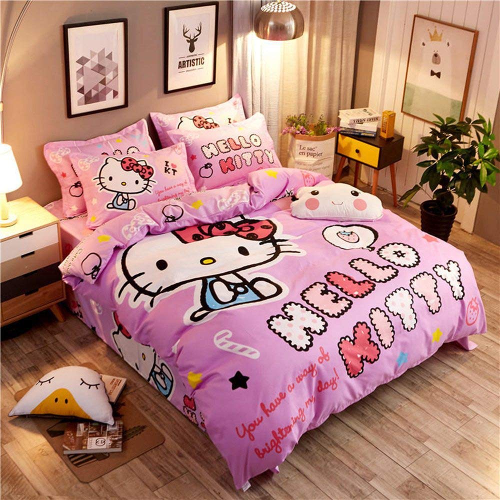 Hello Kitty Twin Size 4-Piece Kids Bedding Set - Duvet Cover, Pillowcase, Flat Sheet & Comforter for Girls & Teens (White) - Perfect for Cozy Bedrooms, Sleepovers & Kids' Room Decor