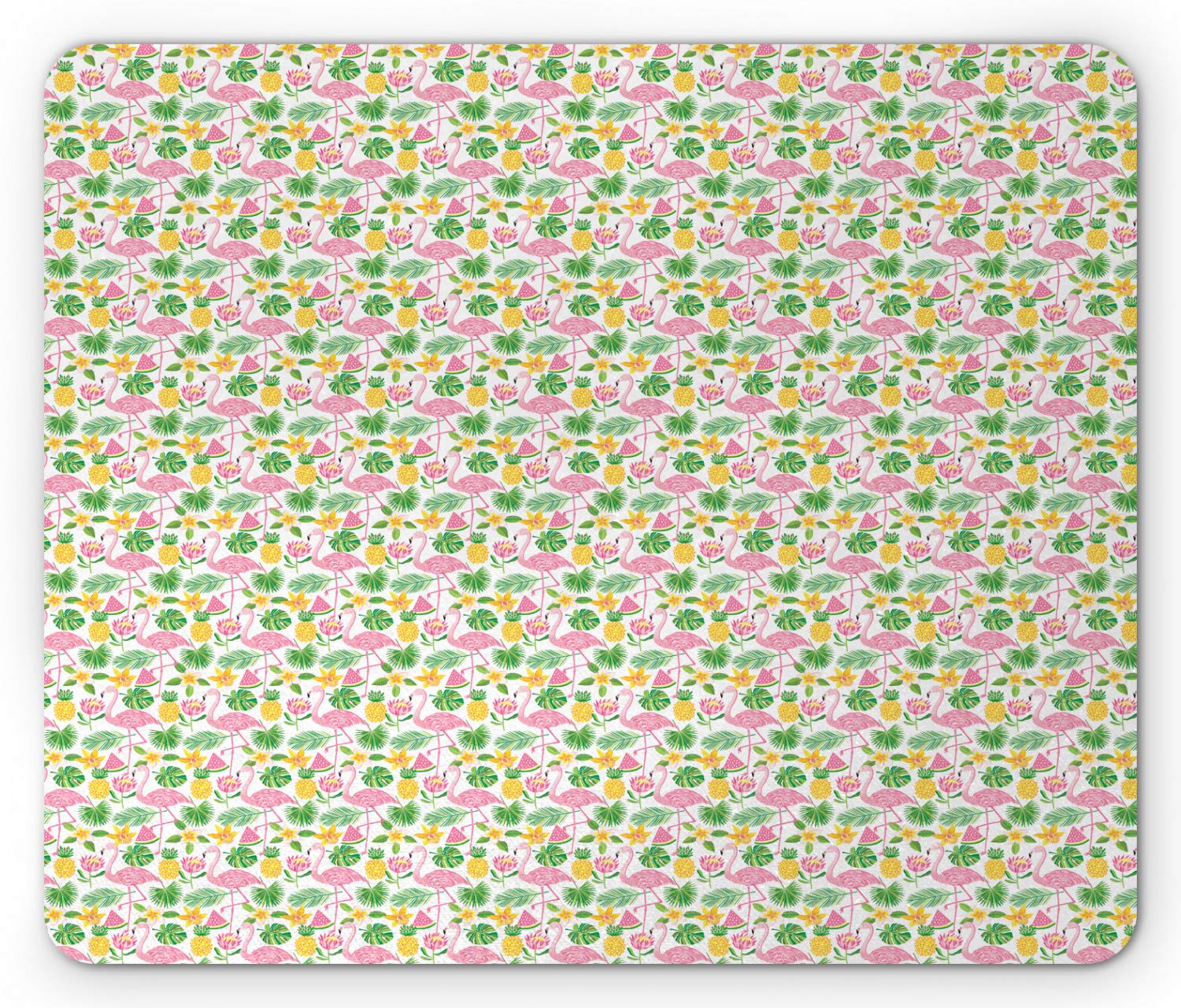 Lunarable Hawaiian Mouse Pad - Tropical Party Design with Flamingo, Leaves, Pineapples & Hibiscus - Non-Slip Rubber Mousepad (Standard Size, Green Pink Mustard) for Office, Gaming & Home Computer Use