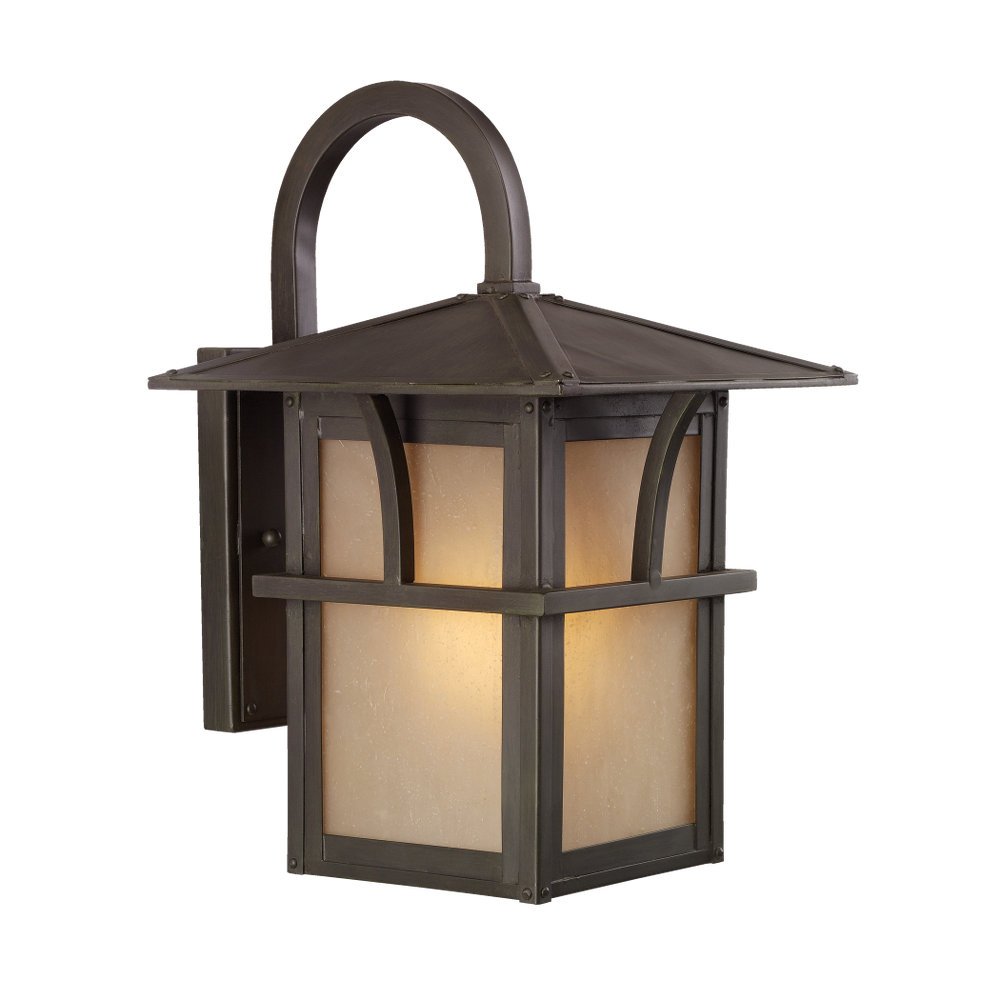Sea Gull Lighting 88881-51 Medford Lakes Outdoor Wall Lantern - 1 Light, Etched Hammered Design with Light Amber Glass Panels, Statuary Bronze Finish - Perfect for Porch, Patio, and Garden Lighting