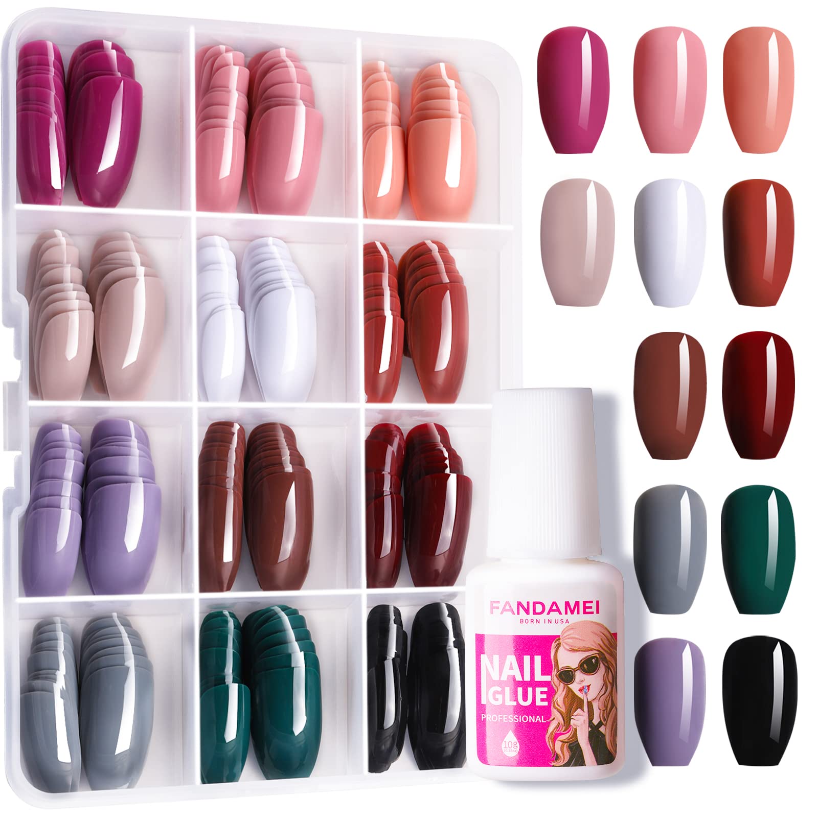 FANDAMEI 288PCS Medium Length Press on Nails Kit - 12 Sets Short Fake Nails, Ballerina & Coffin Shape False Nails with Glossy Solid Colors - DIY Nail Art Kit for Women & Girls (Includes 10g Nail Glue) - Perfect for Parties, Weddings, Date Nights & Everyday Wear