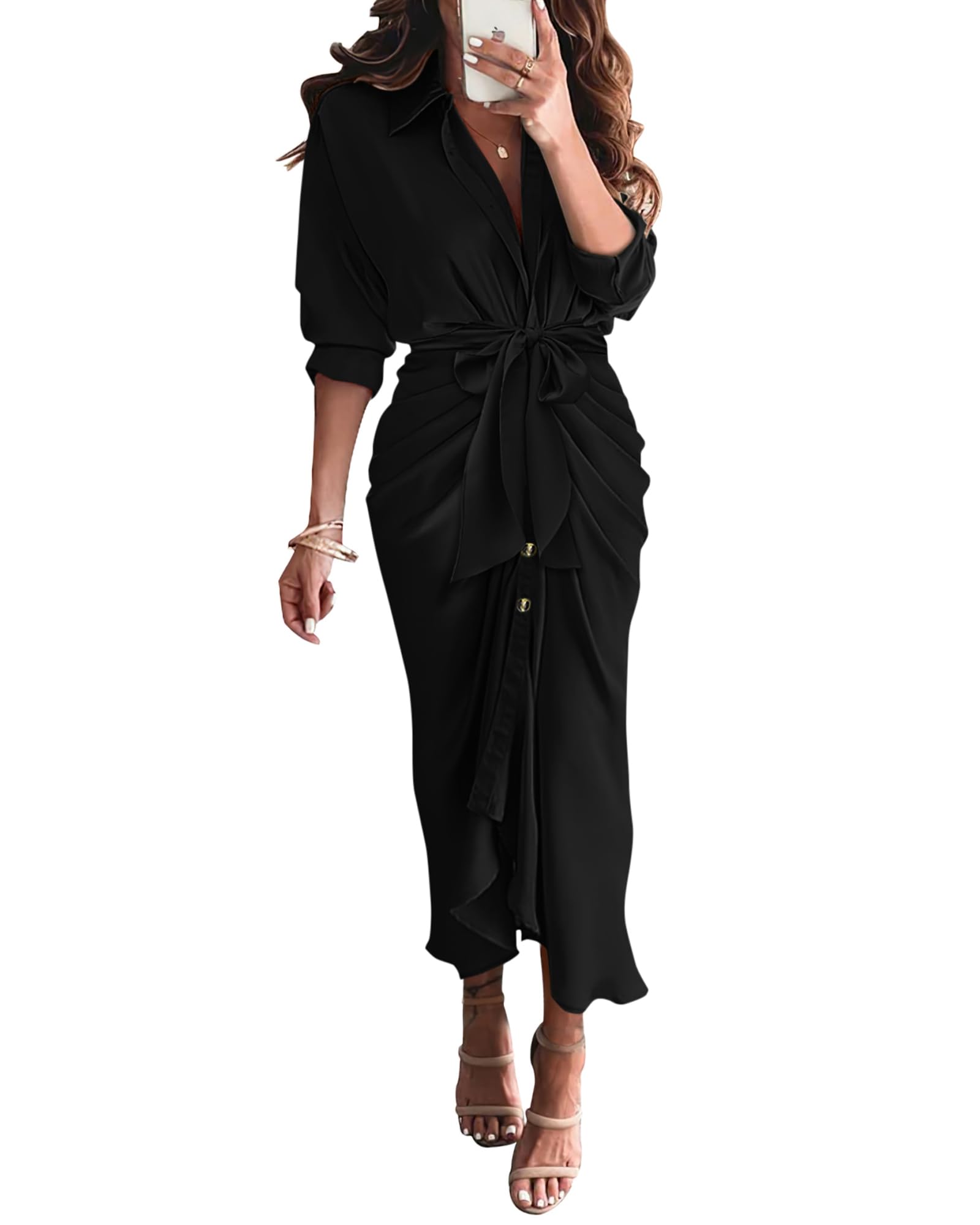 BTFBM Women's Elegant Long Sleeve Satin Maxi Dress - V Neck Lapel Button Down Ruched Belted Shirt Dress for Spring Summer 2025 | Perfect for Weddings, Parties & Office Wear