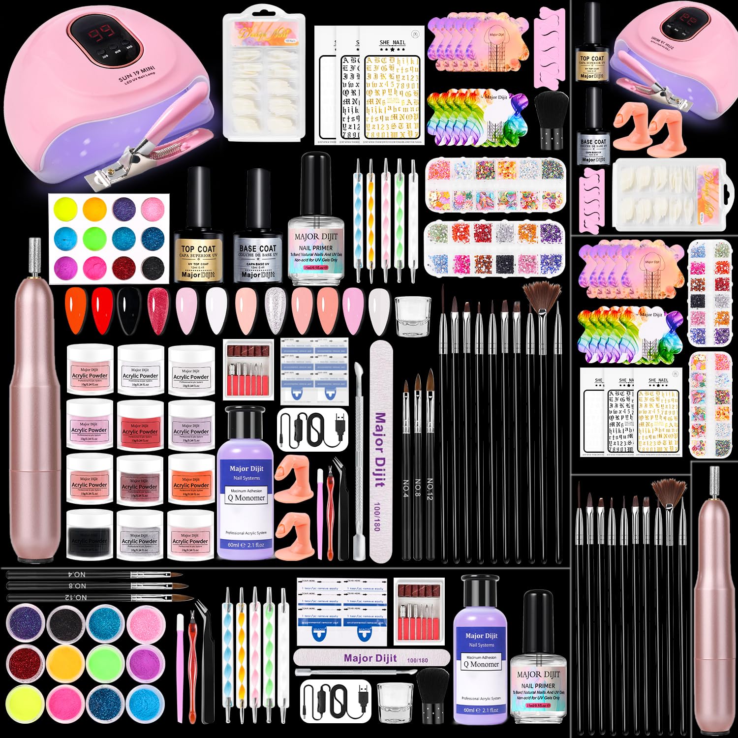 Professional Major Dijit Acrylic Nail Kit with 48W LED Nail Lamp - 12 Colors Acrylic Powder, Liquid, Top Coat, Base Coat & Nail Primer - Electric Nail Drill for Gel Nails - Complete DIY Nail Art Starter Kit for Salon & Home Manicures