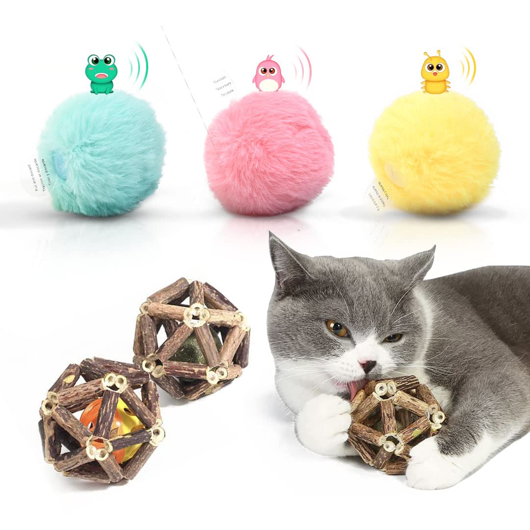 Potaroma 3 Pack Fluffy Plush Cat Toys with Chirping Sound - Includes 3 Natural Silvervine Stick Cage Balls for Interactive Play, Exercise & Stress Relief - Perfect for Kittens & Adult Cats Indoor Entertainment