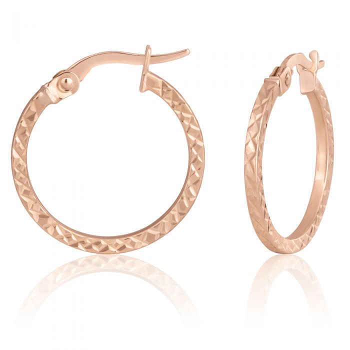 9ct Rose Gold Diamond Cut 15mm Hoop Earrings for Women - Elegant Everyday Jewelry Gift for Her - Perfect for Parties, Weddings & Special Occasions