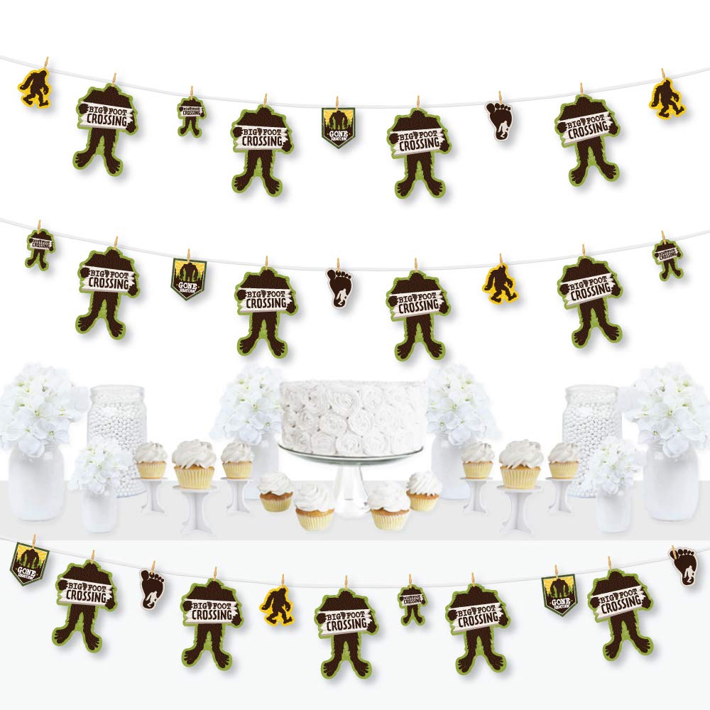 Bigfoot Party Decorations - DIY Sasquatch Crossing Banner Kit with 44-Piece Clothespin Garland - Perfect for Birthday Parties, Baby Showers & Outdoor Themed Events