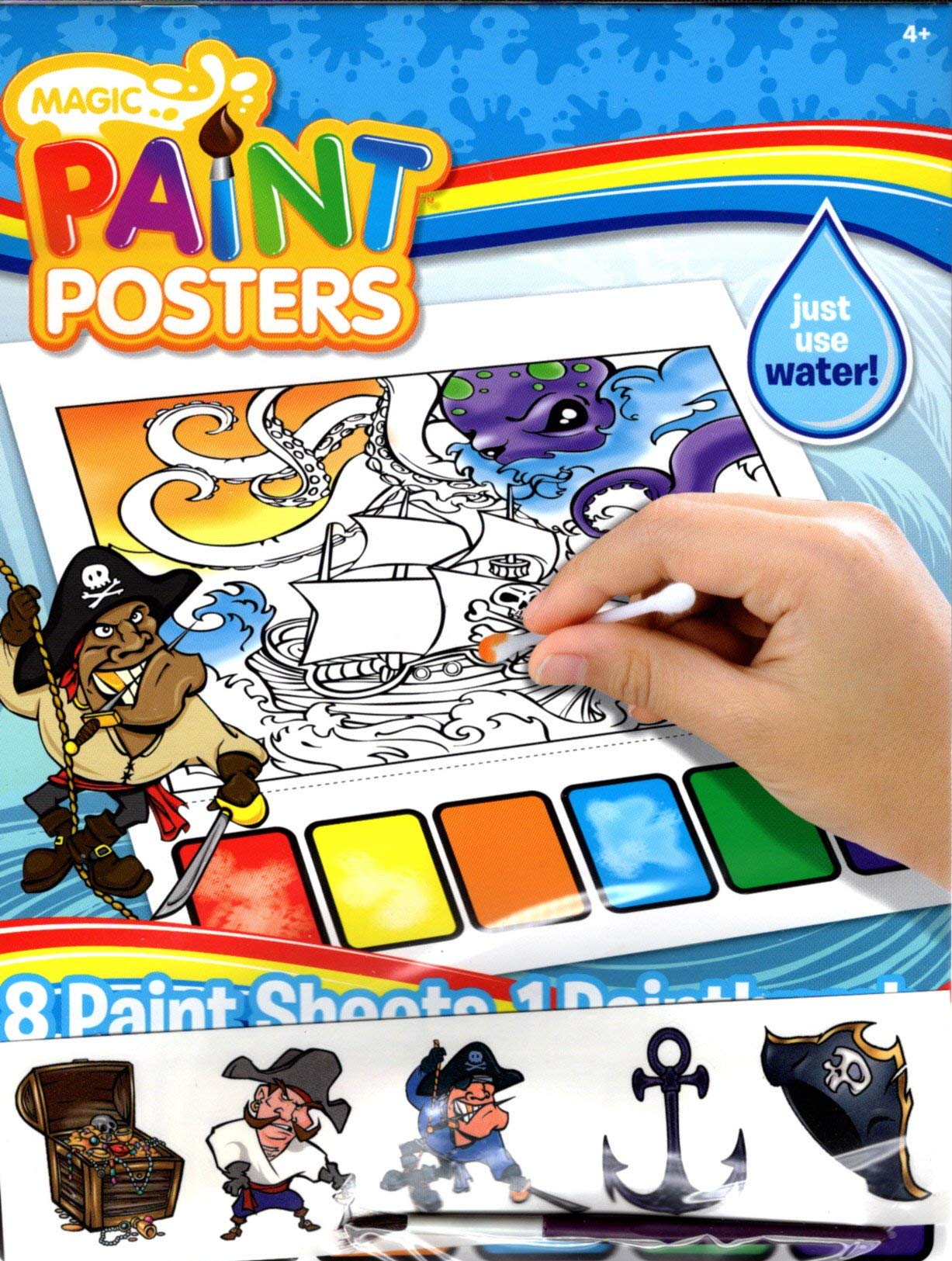 Magic Paint Posters for Kids - 8 Reusable Watercolor Sheets with Paintbrush & Stickers | Pirate Theme DIY Art Activity for Birthday Parties & Classroom Crafts