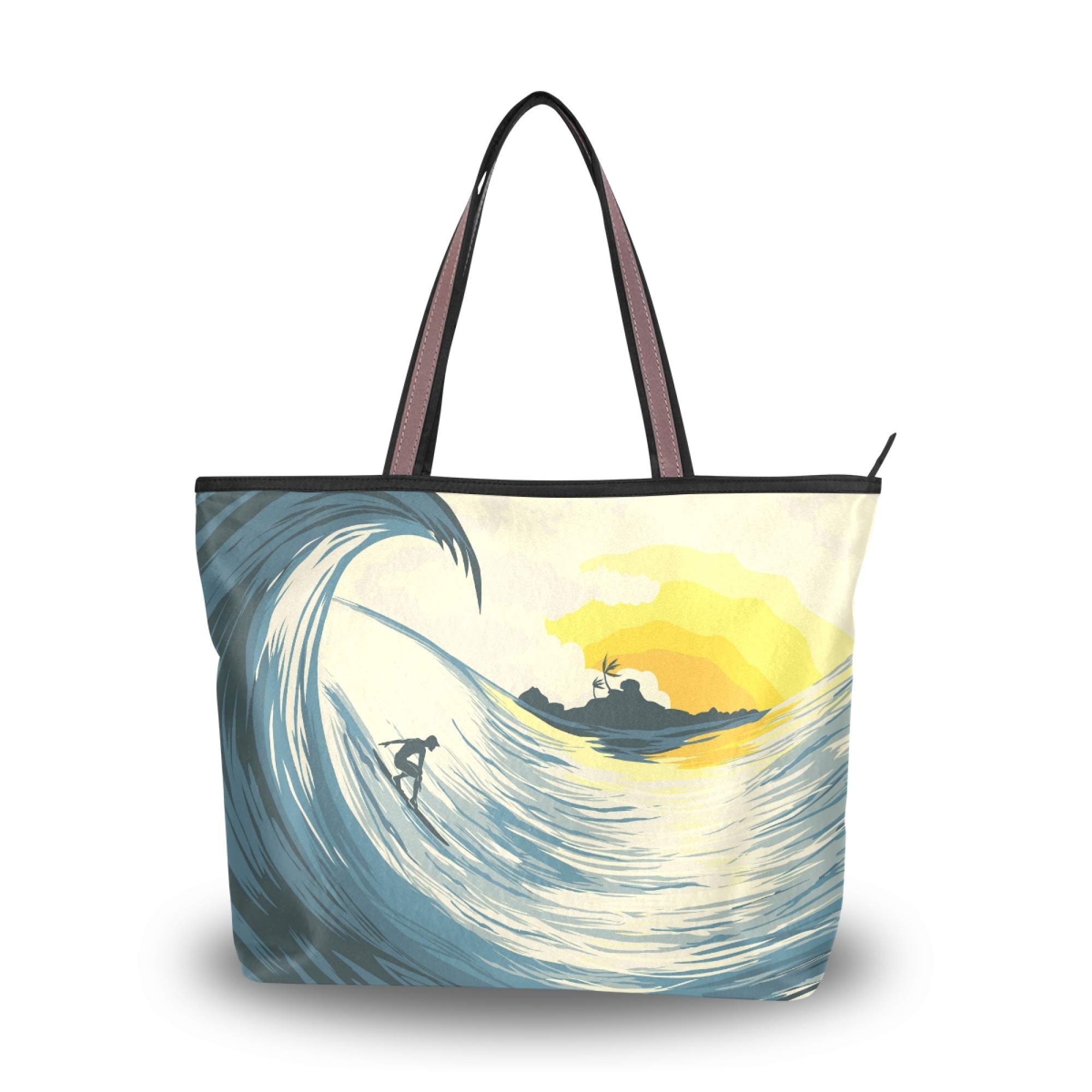 Stylish Women's Tote Bag with Tropical Sunset Wave Surfer Design - Durable Shoulder Bag & Top Handle Purse for School, Work, Travel, Gym & Shopping | Perfect for Beach Outings, Commuting & Daily Errands