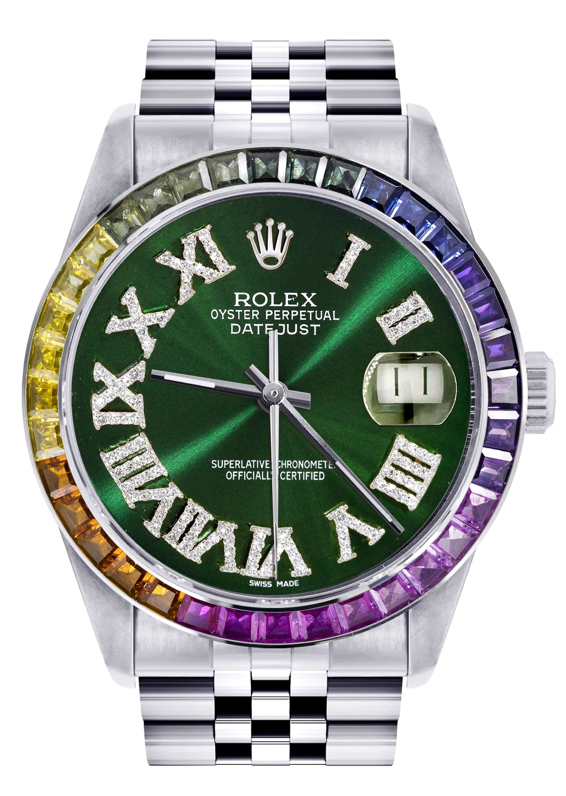 Luxury Diamond Gold Rolex Watch for Men 16200 - 36mm Rainbow Sapphire Bezel, Green Roman Numeral Dial, Jubilee Band - Perfect for Formal Events & Luxury Gifts