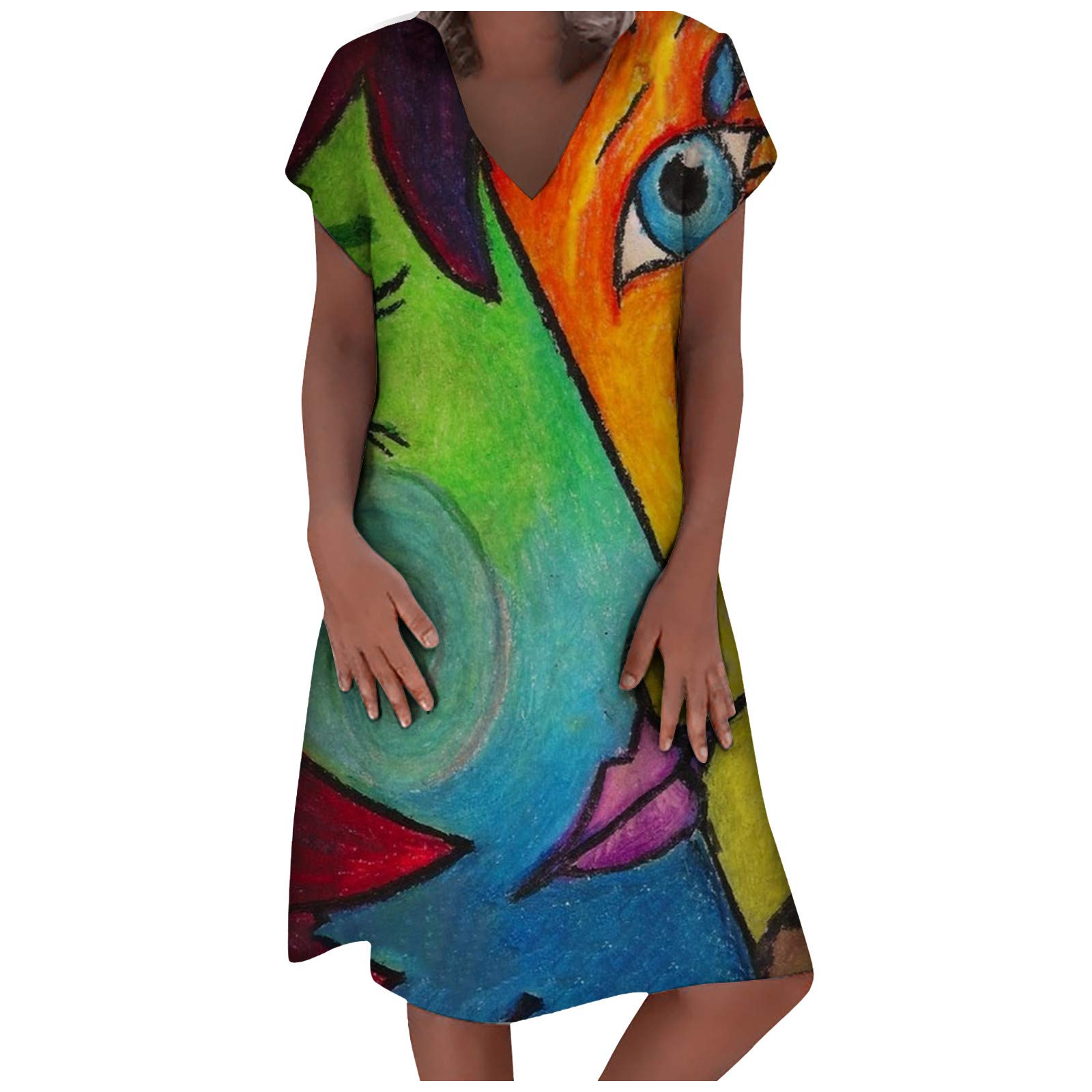 Short Sleeve V-Neck Summer Dresses for Women - Flowy Abstract Print Maxi Dress, Plus Size Casual & Homecoming Outfit for Beach, Vacation & Everyday Wear