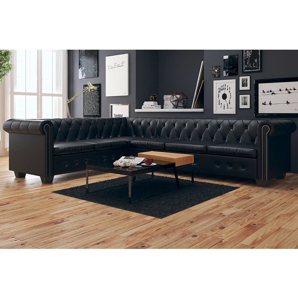ROSEBEAR 6-Seater L-Shaped Reclining Sectional Sofa - Chesterfield Style Corner Couch with Armrests, Black Faux Leather Living Room Furniture Set for Family Gatherings & Movie Nights (287916-Q)