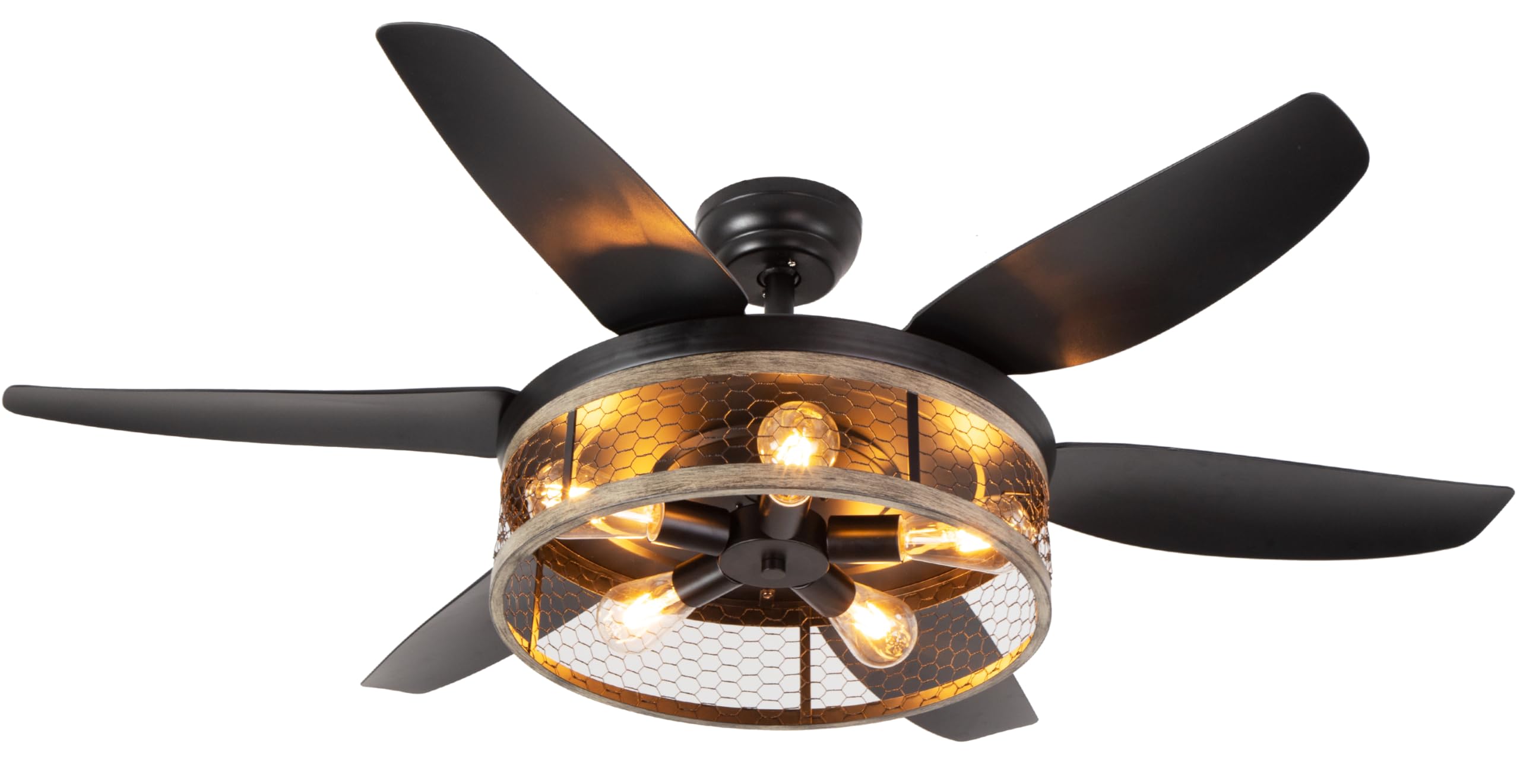 Ohniyou 52 Inch Farmhouse Ceiling Fan with Lights & Remote - Rustic Caged Light Fixture, Retro Black Indoor/Outdoor Ceiling Fan for Patio, Living Room, Dining Room, Bedroom - Perfect for Farmhouse Decor & Outdoor Entertaining