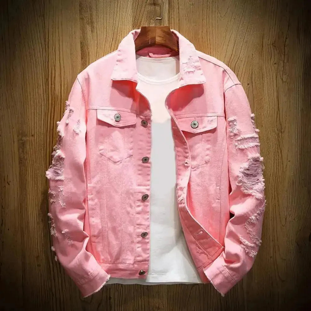 Men's Casual Loose Fit Denim Trucker Jacket - Vintage Style Distressed Jean Jacket for Everyday Wear & Outdoor Activities