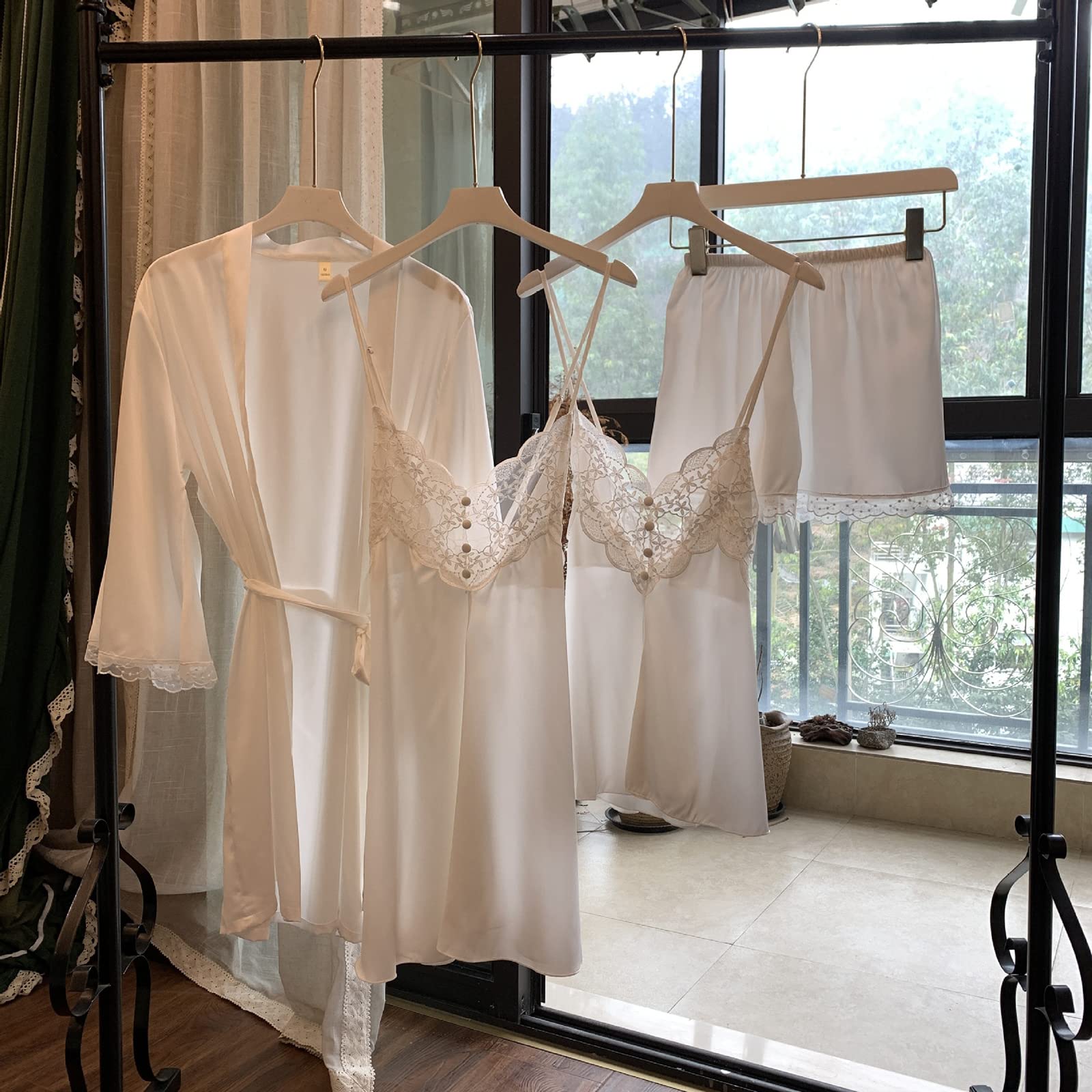 Luxury Women's Silk Satin Pajama Set - 4 Piece Lace Trim Sleepwear with Adjustable Camisole & Shorts - Summer Nightgown & Robe for Home Relaxation & Bridal Shower (White, XL)